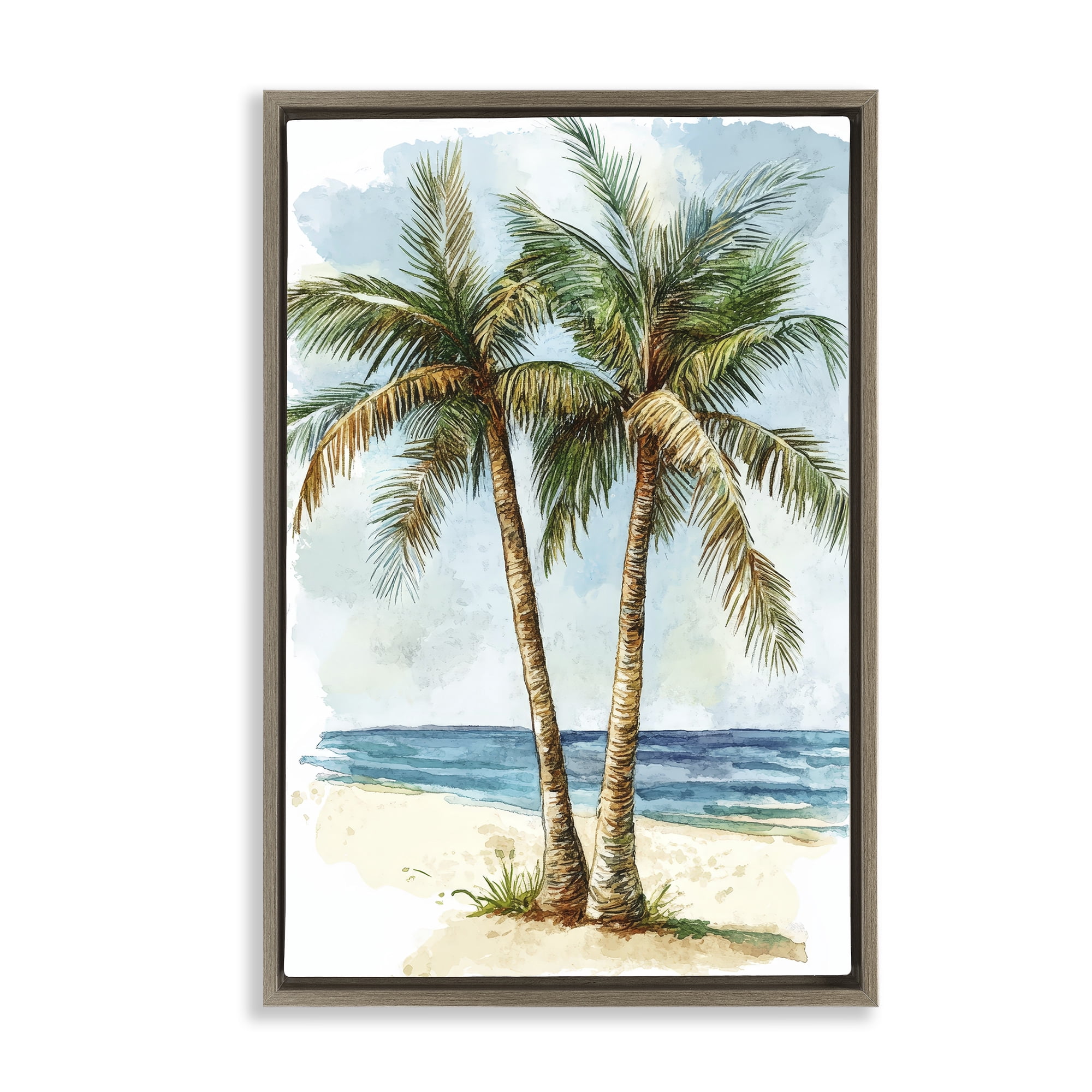 Stupell Industries Illustrated Palm Tree Duo Brown Framed Floater Canvas Wall Art, design by Petal Prints Design