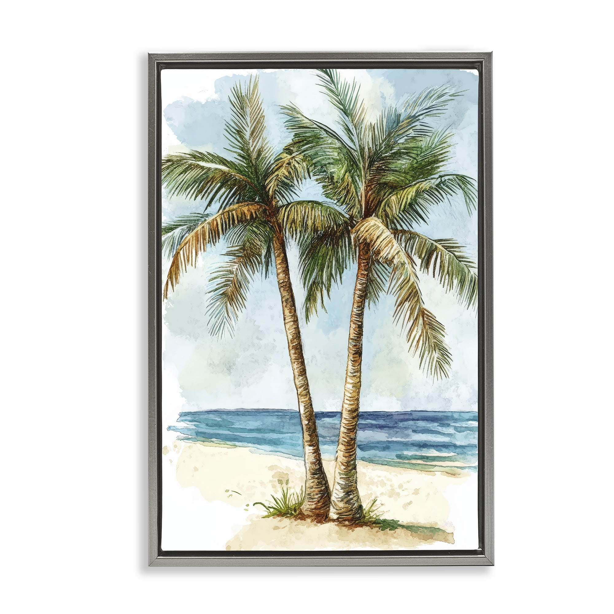 Stupell Industries Illustrated Palm Tree Duo Gray Framed Floater Canvas Wall Art, design by Petal Prints Design
