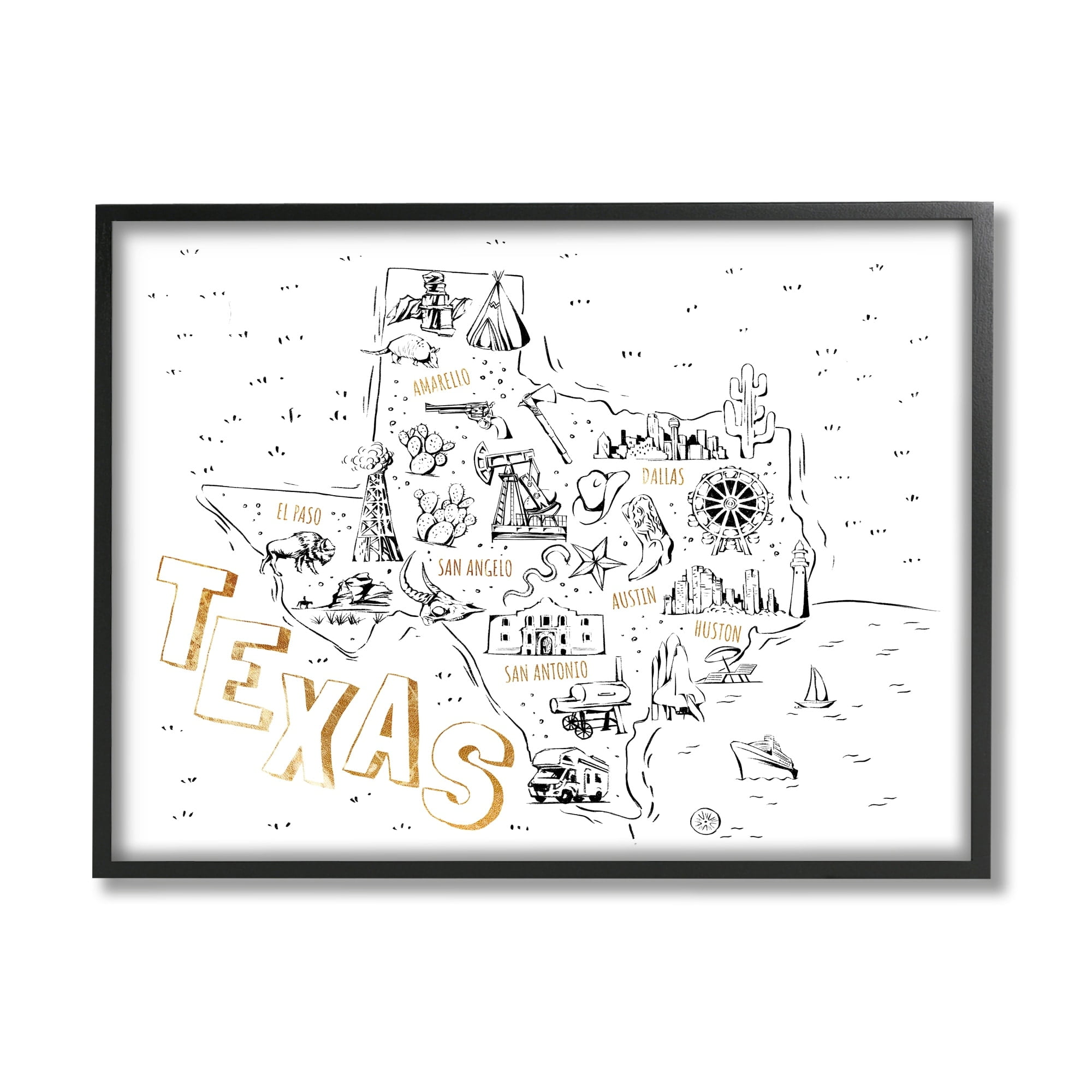 Stupell Industries Illustrated Texas Map Landmarks Destinations Diagram, 14 x 11, Design by Ziwei Li