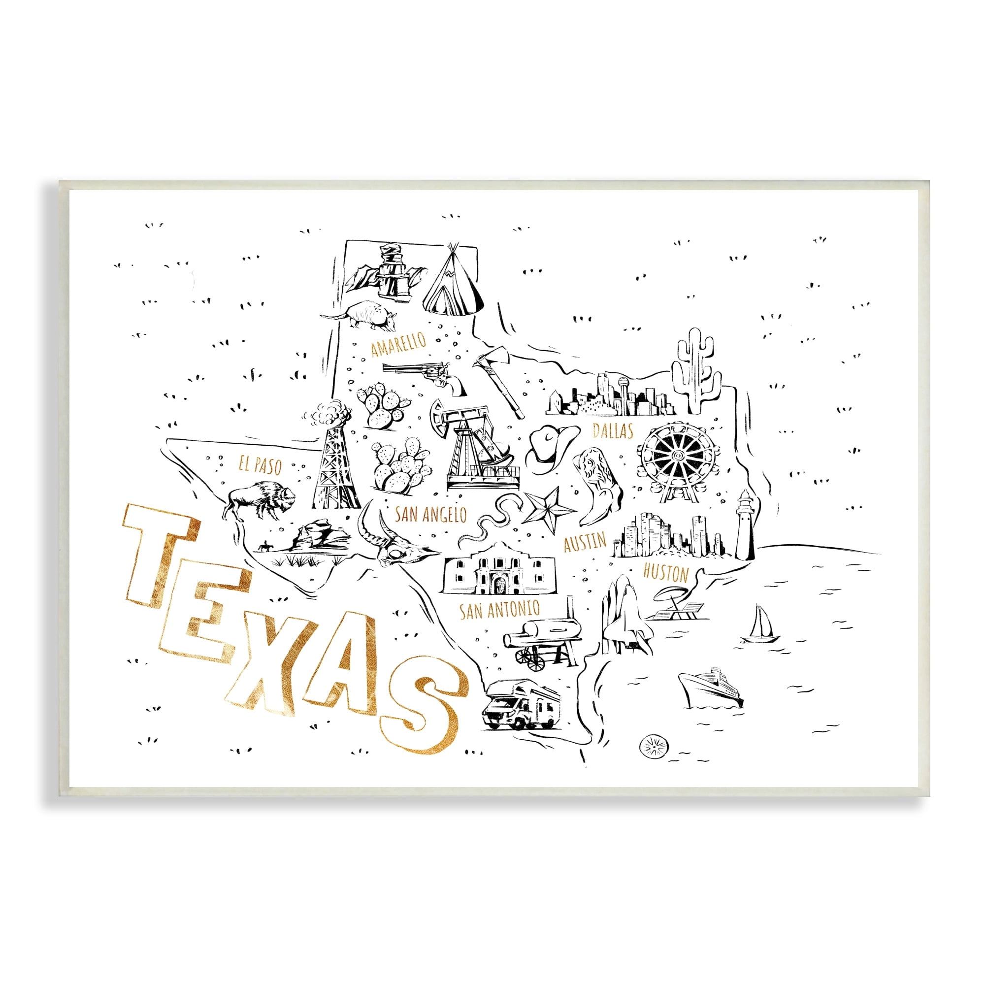 Stupell Industries Illustrated Texas Map Landmarks Destinations Diagram, 19 x 13, Design by Ziwei Li