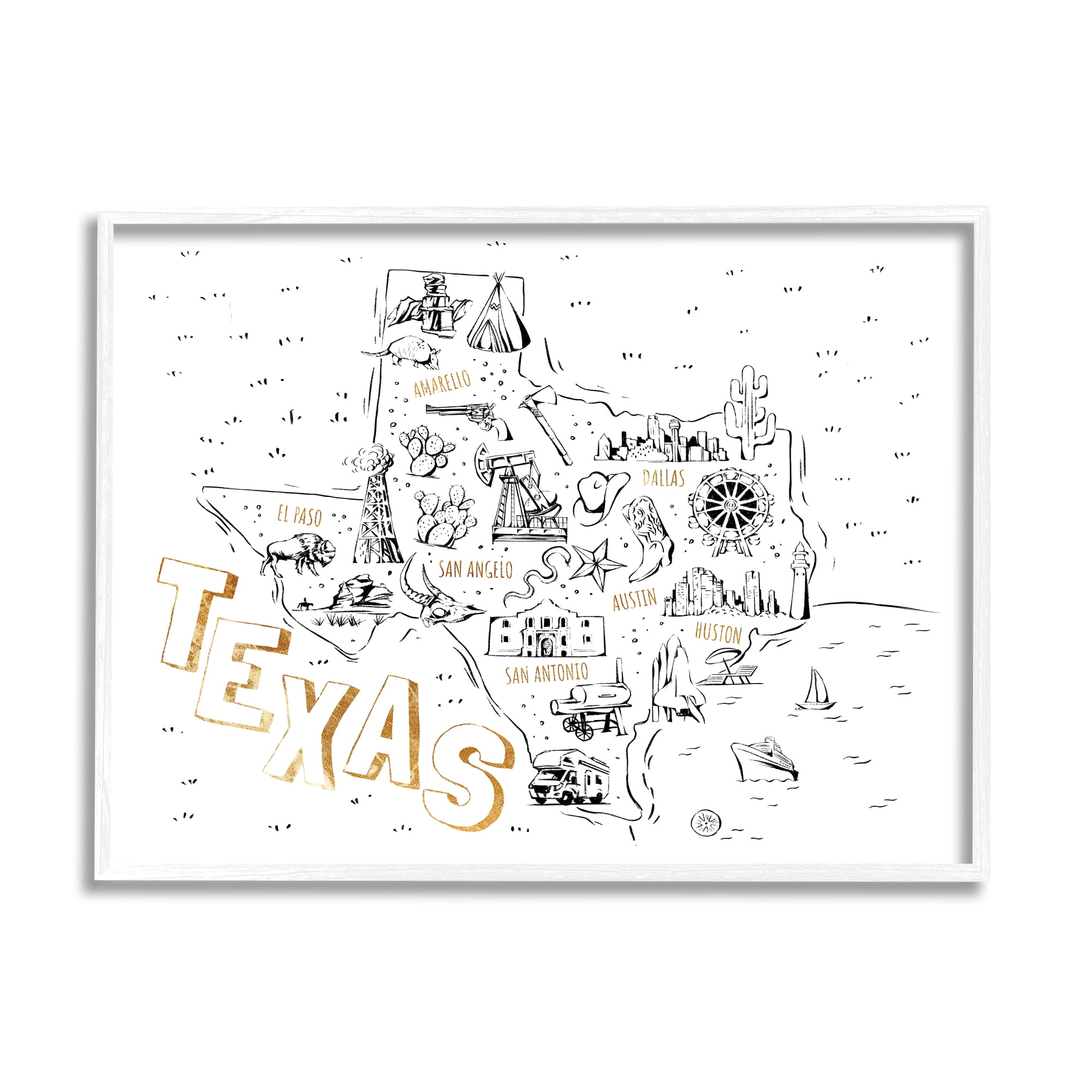 Stupell Industries Illustrated Texas Map Landmarks Destinations Diagram, 20 x 16, Design by Ziwei Li