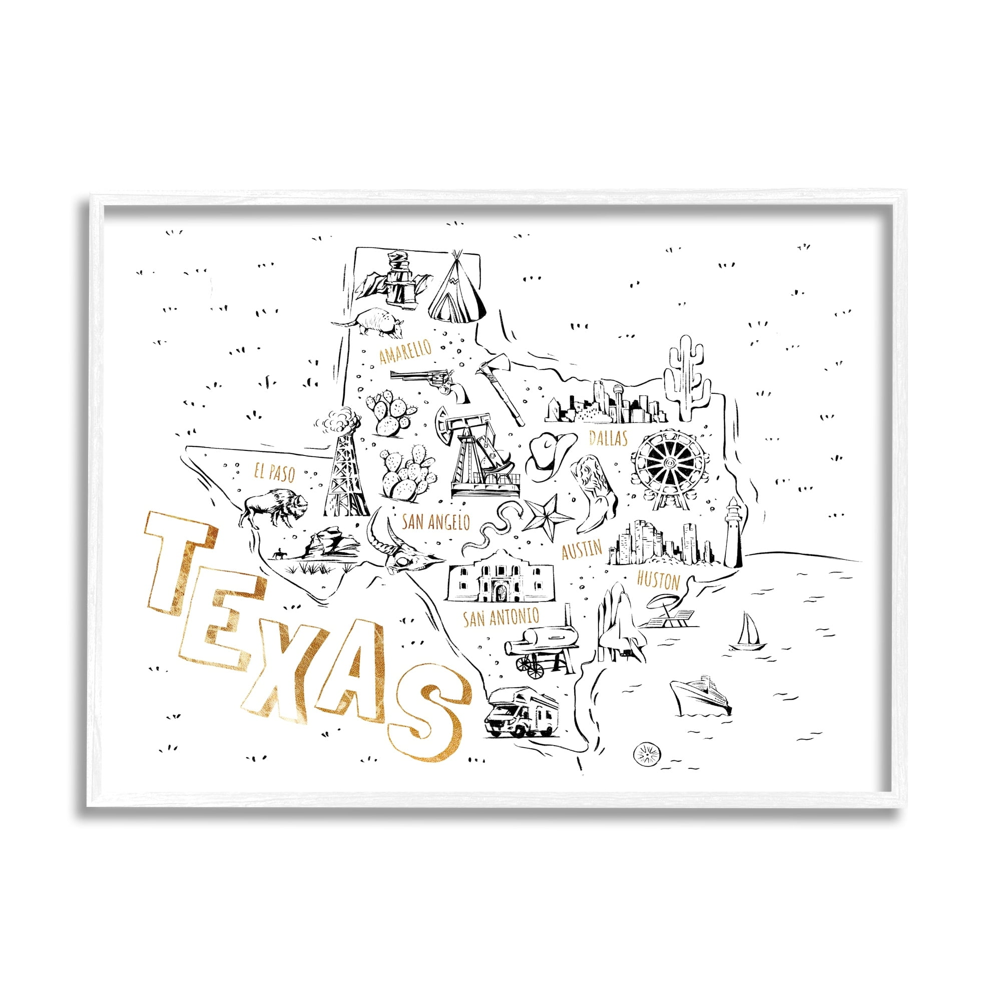 Stupell Industries Illustrated Texas Map Landmarks Destinations Diagram, 30 x 24, Design by Ziwei Li