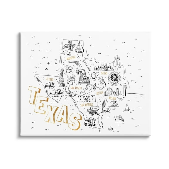 Stupell Industries Illustrated Texas Map Landmarks Destinations Diagram, 40 x 30, Design by Ziwei Li