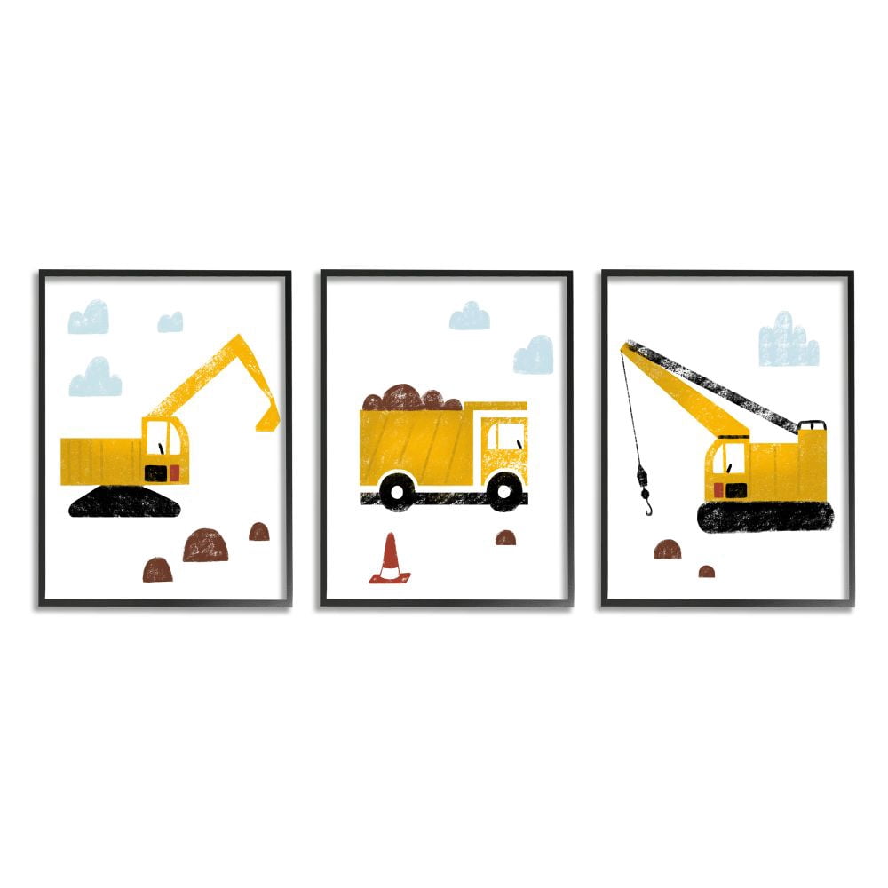 Stupell Industries Illustration of Construction Trucks with Crayon Stylization Graphic Art Black Framed Art Print Wall Art Set of 3, 11x14, by Daphne Polselli