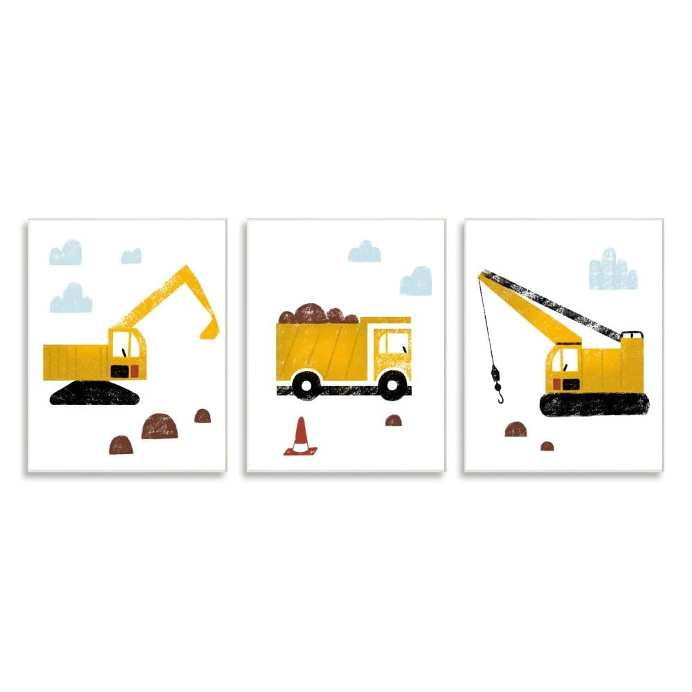 Stupell Industries Illustration of Construction Trucks with Crayon Stylization Graphic Art Unframed Art Print Wall Art Set of 3, 10x15, by Daphne Polselli