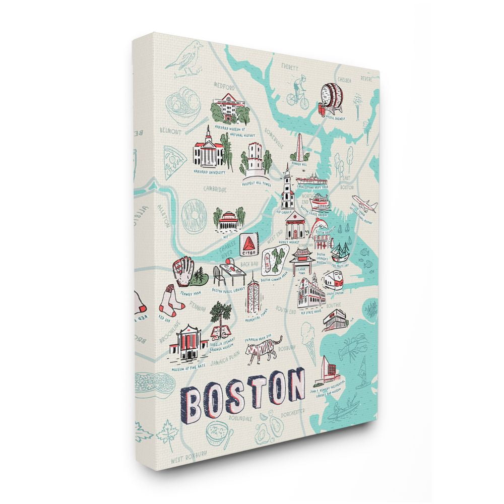 Illustrative Map of Boston Landmarks Canvas Print in Beige