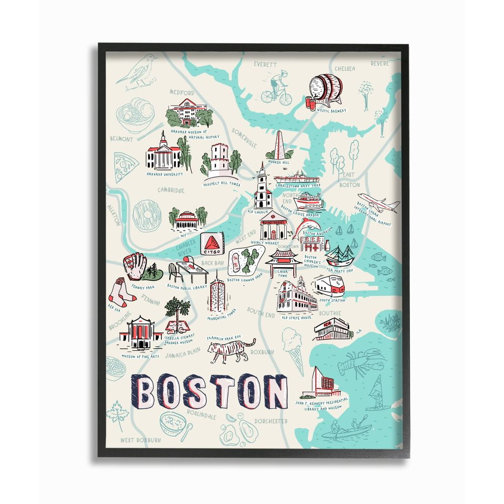 Stupell Industries Illustrative Map of Boston Massachusetts Landmarks Graphic Art Black Framed Art Print Wall Art, 24x30, by Ziwei Li