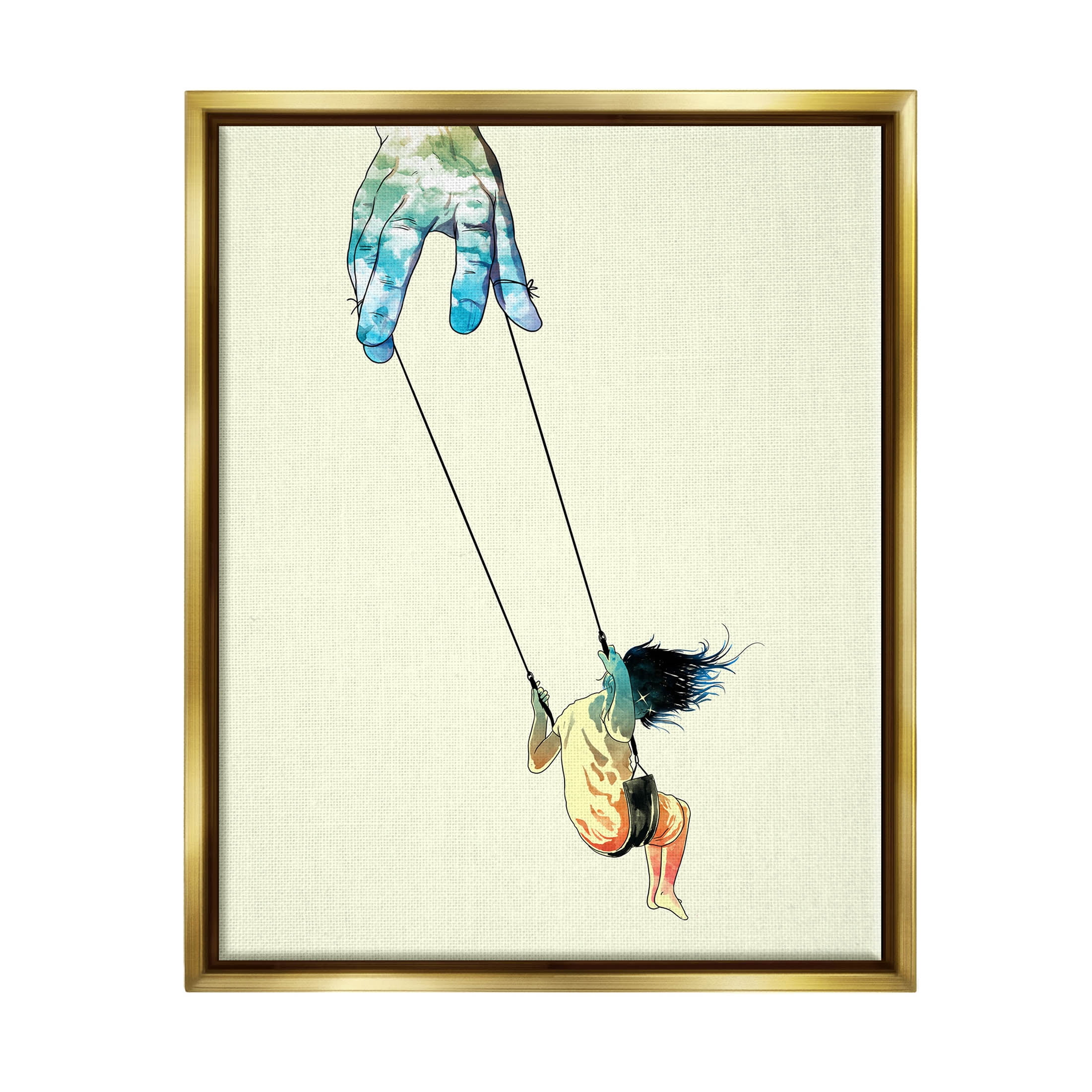 Stupell Industries Imaginative Marionette Girl On Swing Graphic Art Metallic Gold Floating Framed Canvas Print Wall Art, Design by Matheus Lopes Castro