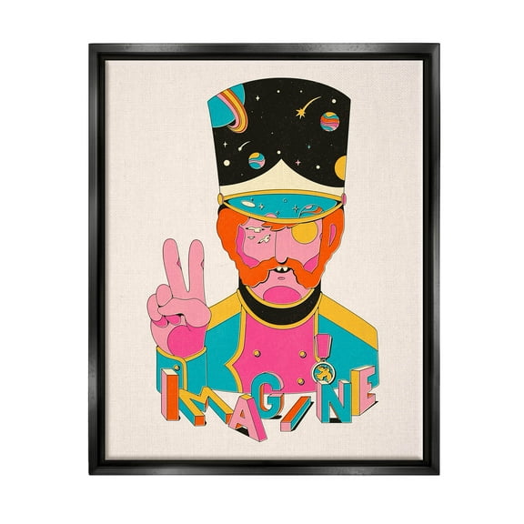 Stupell Industries Imagine Abstract Retro Peace Sign Graphic Art Jet Black Floating Framed Canvas Print Wall Art, Design by Matheus Lopes Castro