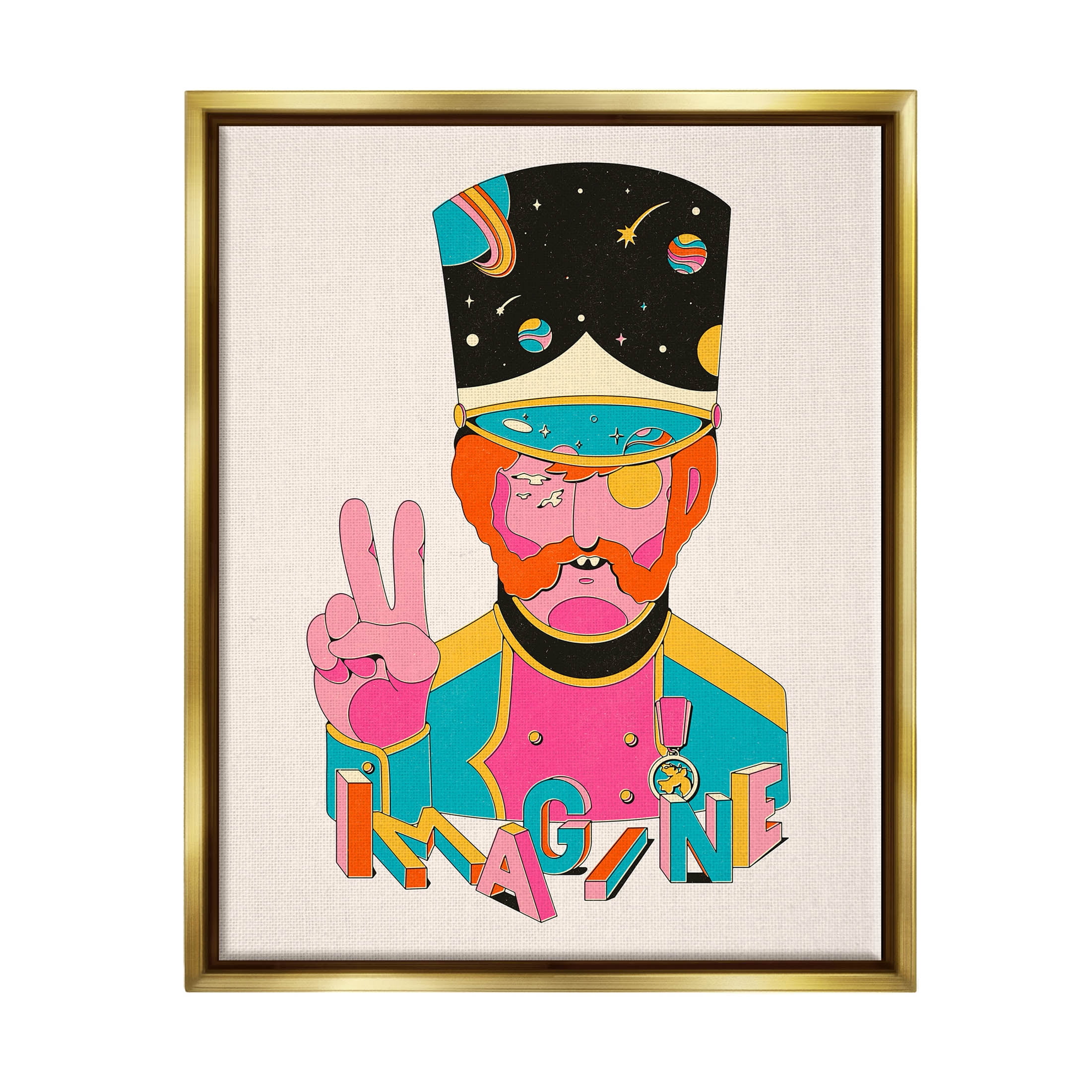 Stupell Industries Imagine Abstract Retro Peace Sign Graphic Art Metallic Gold Floating Framed Canvas Print Wall Art, Design by Matheus Lopes Castro