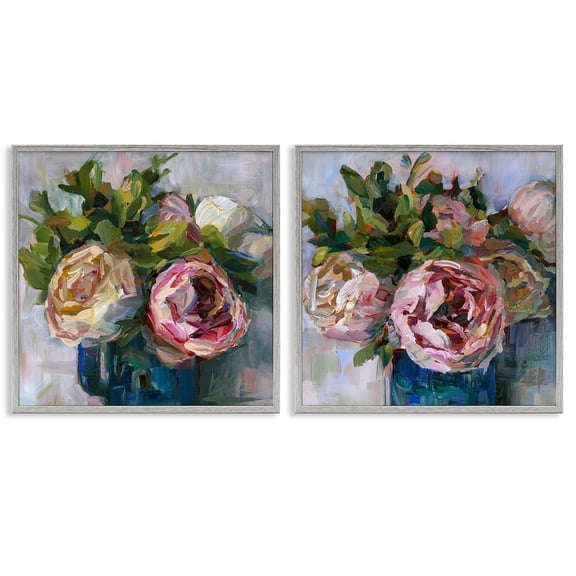 Stupell Industries Impasto Cabbage Roses in Vases Plants & Flowers Painting Gray Framed Art Print Wall Art, 17 x 17, Set of 2
