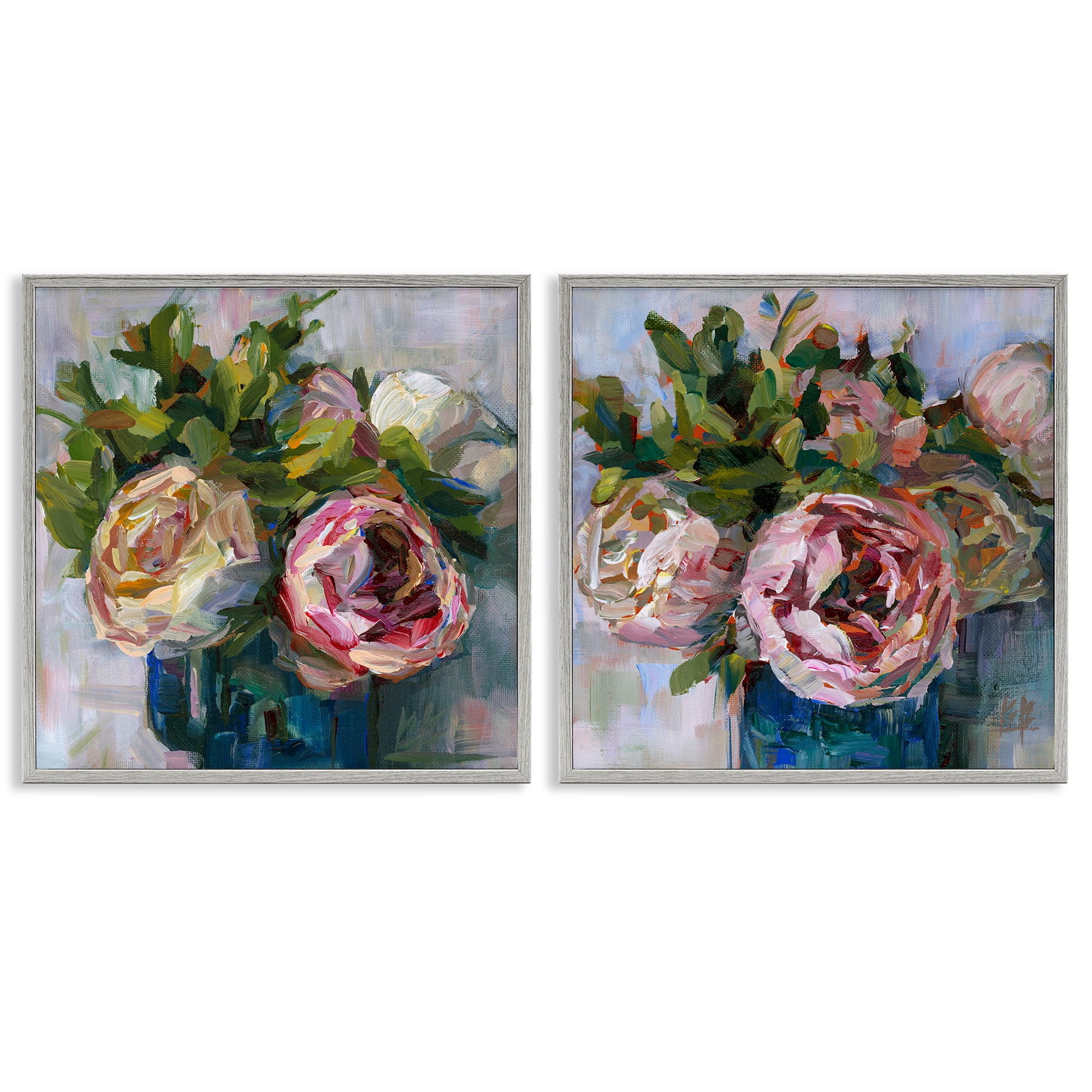 Stupell Industries Impasto Cabbage Roses in Vases Plants & Flowers Painting Gray Framed Art Print Wall Art, 24 x 24, Set of 2