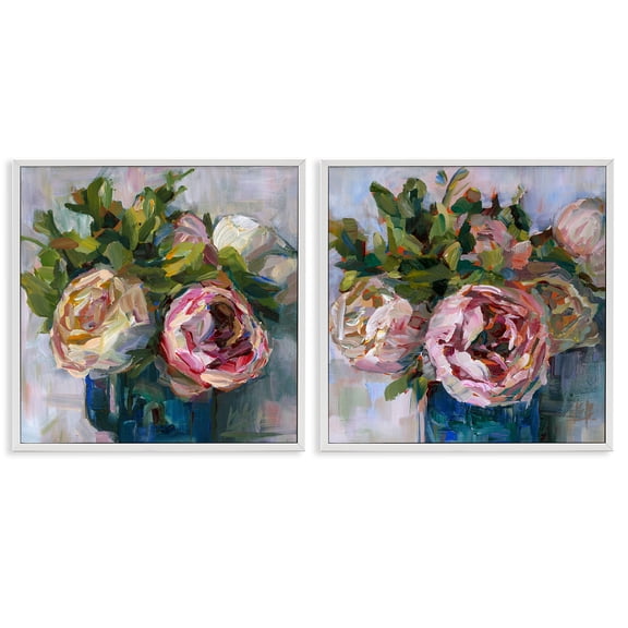 Stupell Industries Impasto Cabbage Roses in Vases Plants & Flowers Painting White Framed Art Print Wall Art, 12 x 12, Set of 2