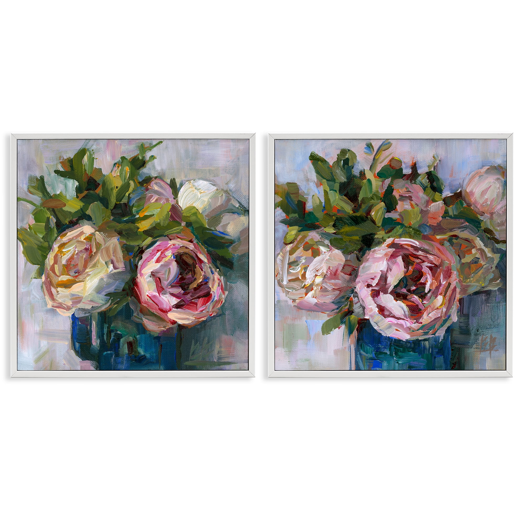 Stupell Industries Impasto Cabbage Roses in Vases Plants & Flowers Painting White Framed Art Print Wall Art, 24 x 24, Set of 2