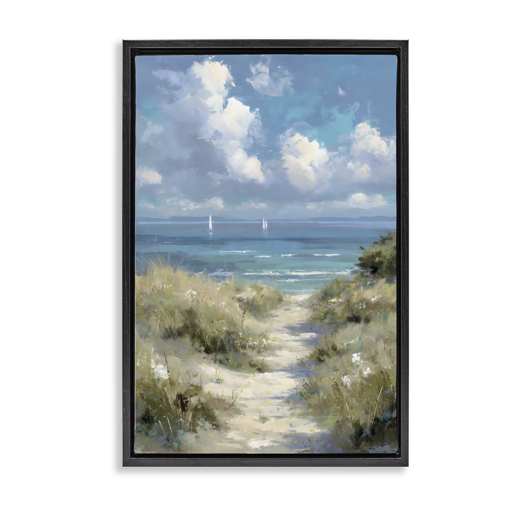 Stupell Industries Impressionist Clouds over Beach Path Black Framed Floater Canvas Wall Art, design by Petal Prints Design