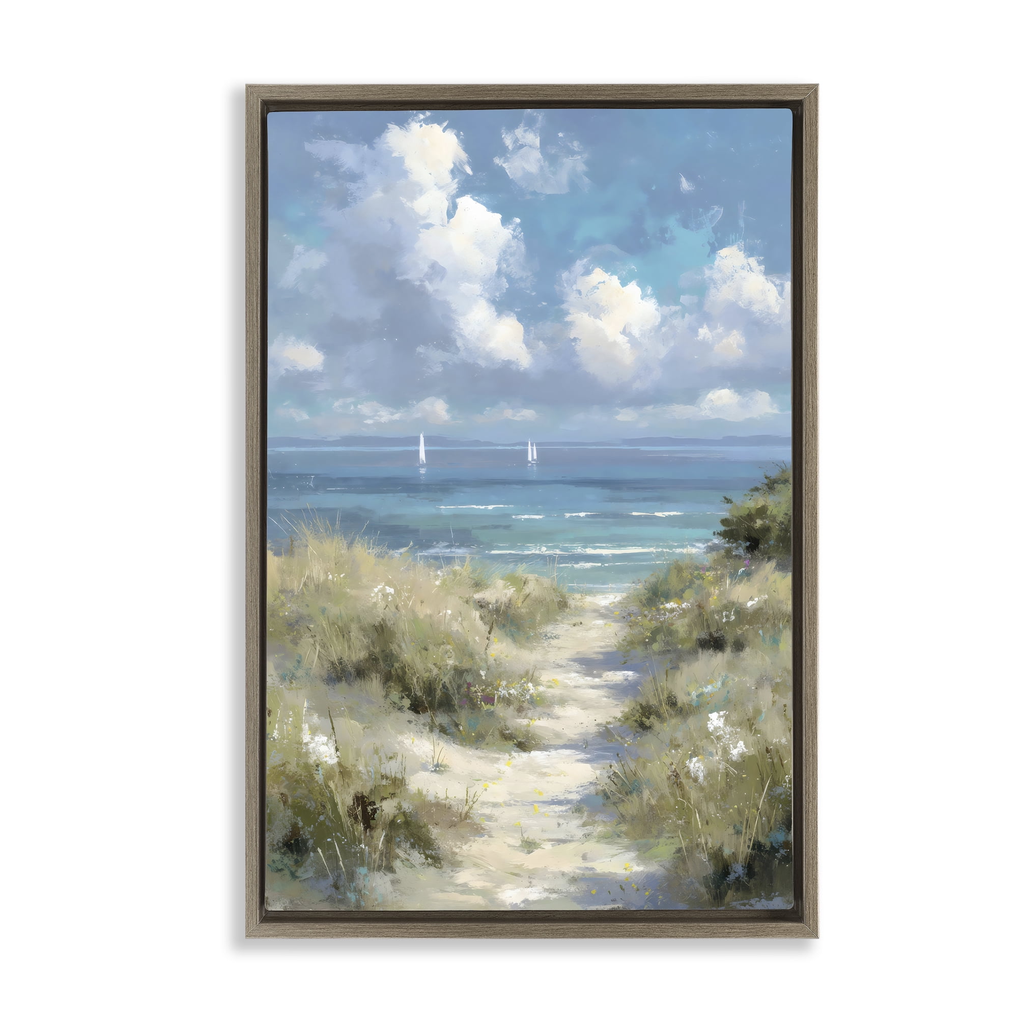 Stupell Industries Impressionist Clouds over Beach Path Brown Framed Floater Canvas Wall Art, design by Petal Prints Design