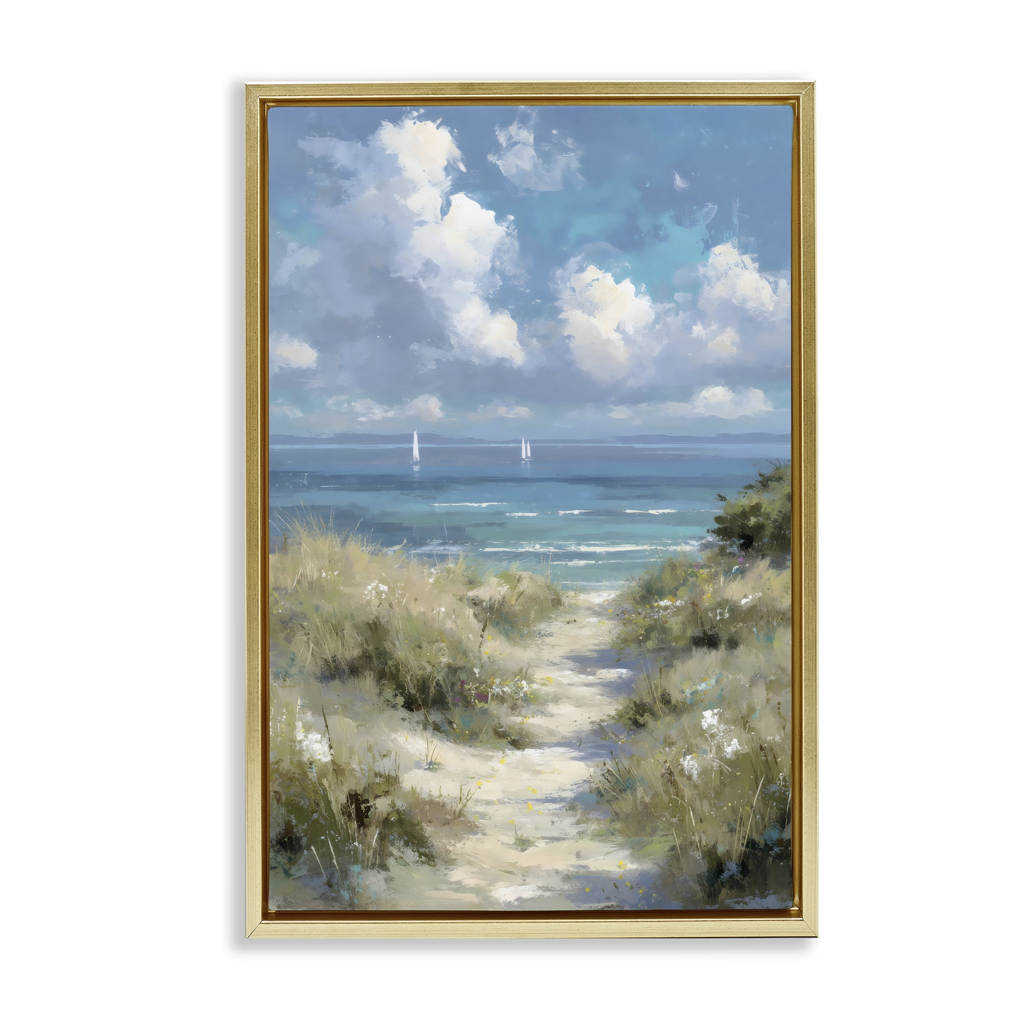 Stupell Industries Impressionist Clouds over Beach Path Gold Framed Floater Canvas Wall Art, design by Petal Prints Design