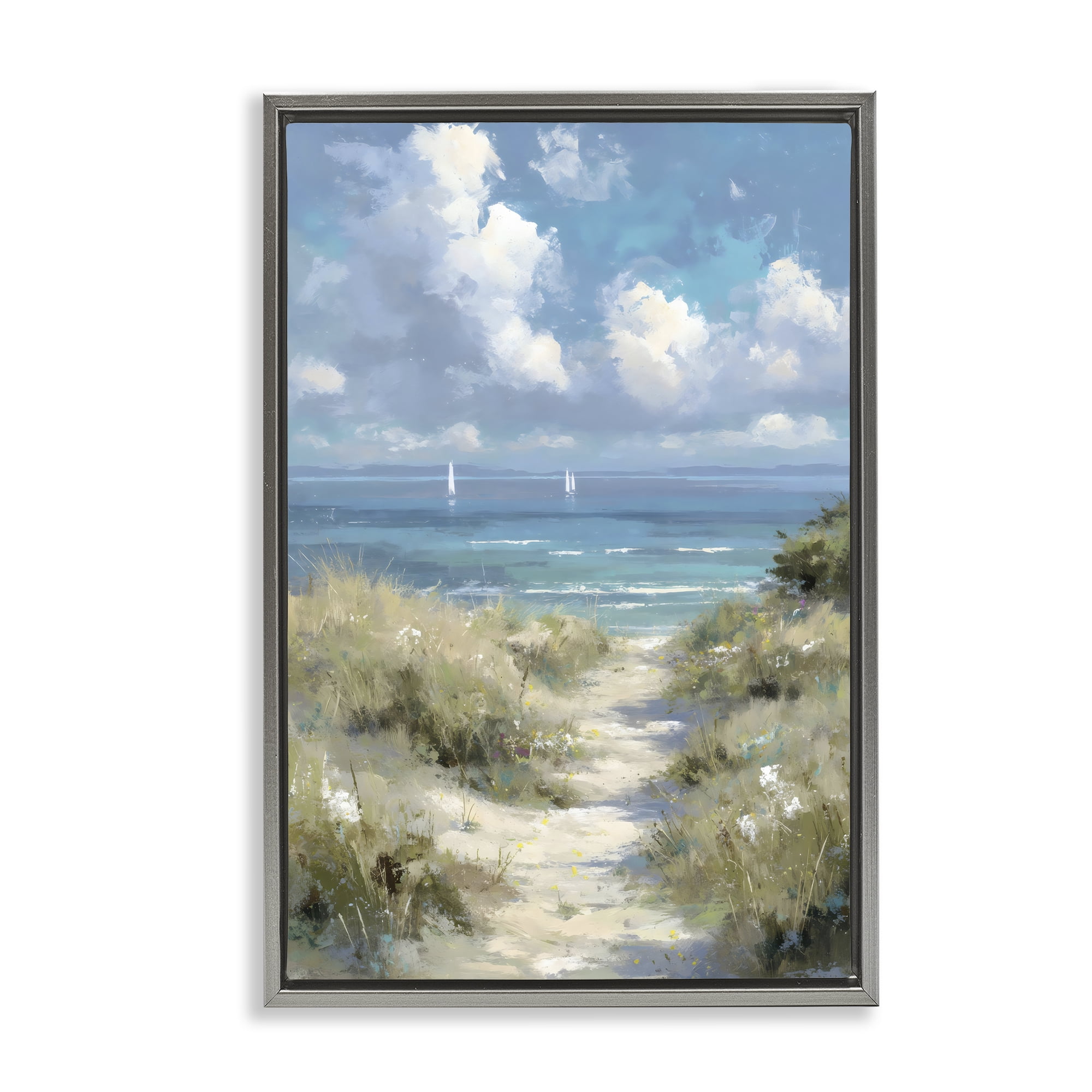 Stupell Industries Impressionist Clouds over Beach Path Gray Framed Floater Canvas Wall Art, design by Petal Prints Design