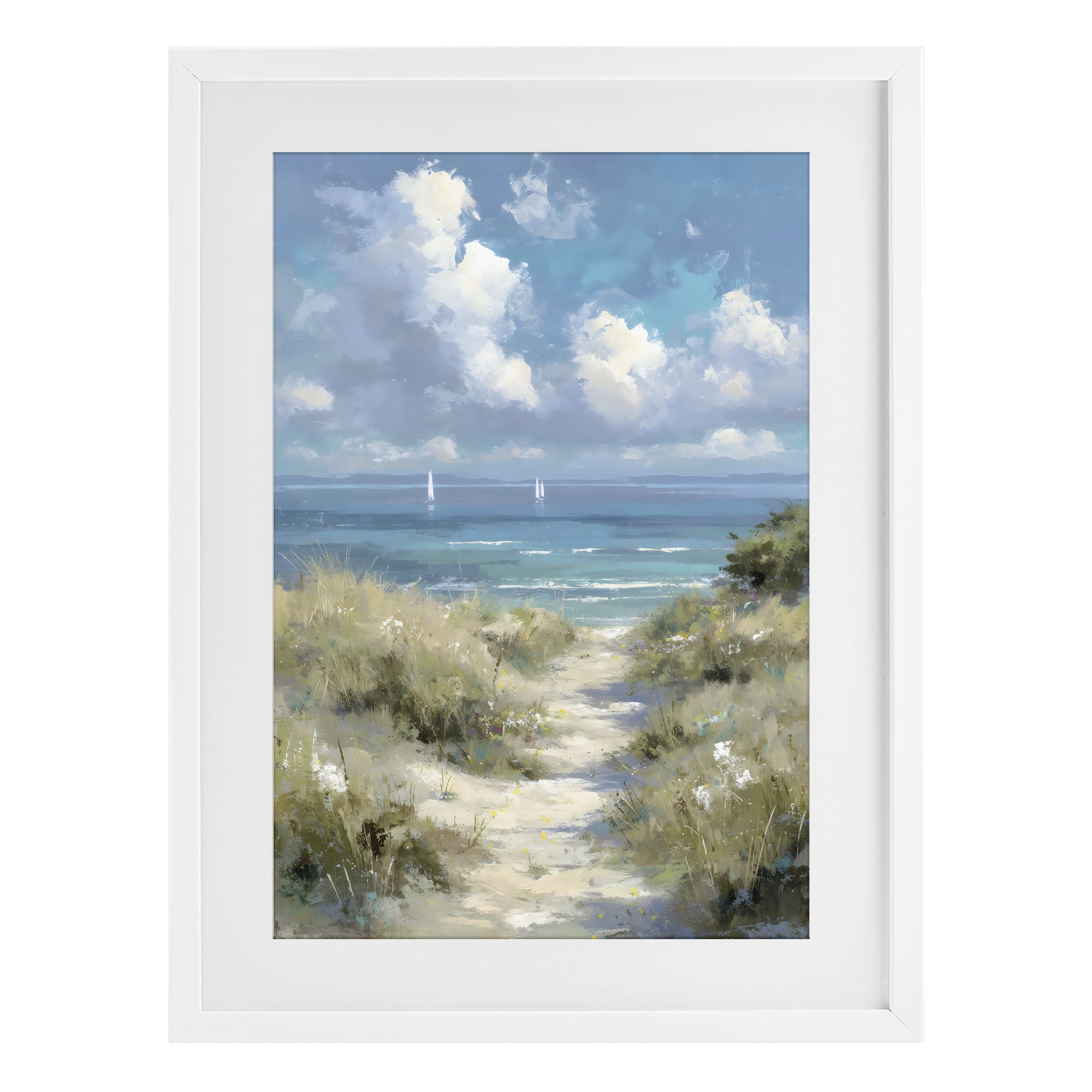 Stupell Industries Impressionist Clouds over Beach Path White Framed Print Under Glass, design by Petal Prints Design