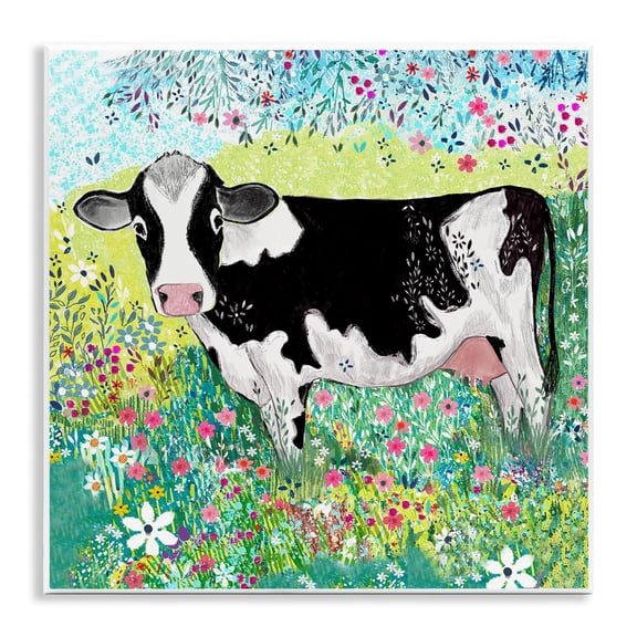 Impressionist Cow & Meadow Flowers Wall Plaque Art, 12 x 12, Made In USA