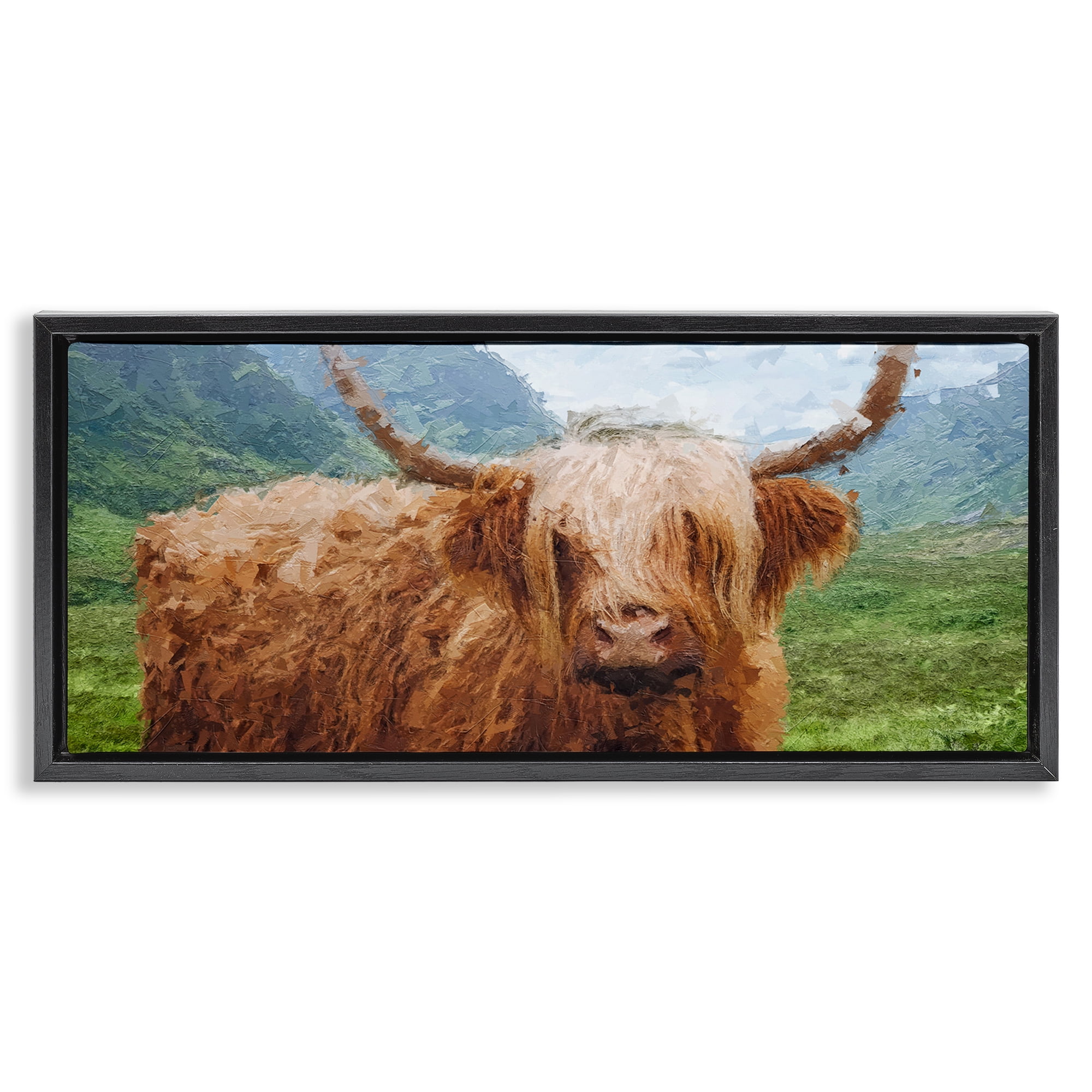 Stupell Industries Impressionist Highland Cattle Animals & Insects Painting Black Floater Framed Canvas Art Print Wall Art, 25 x 11