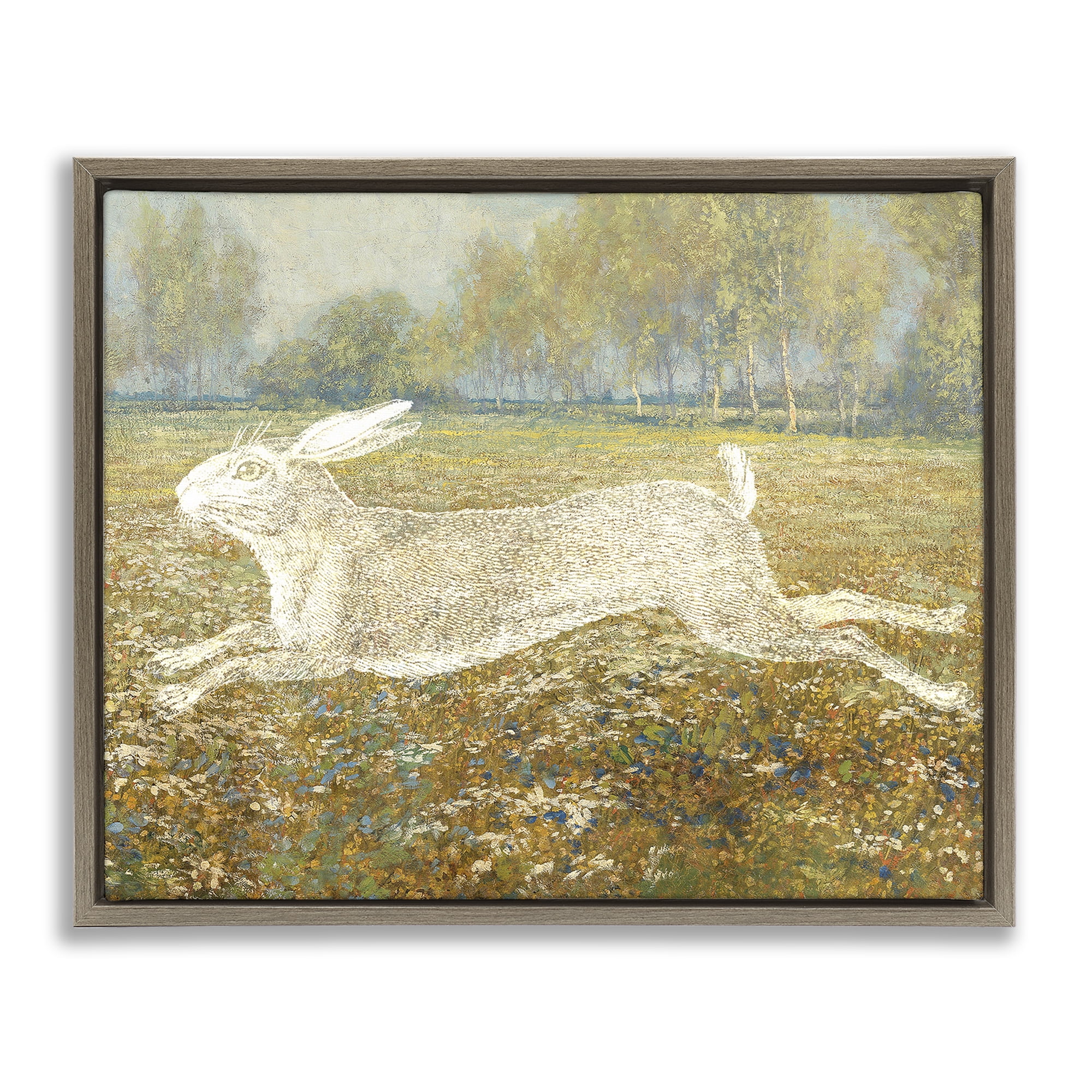 Stupell Industries Impressionist Jumping Hare Landscape & Nature Painting Brown Floater Framed Canvas Art Print Wall Art, 21 x 17