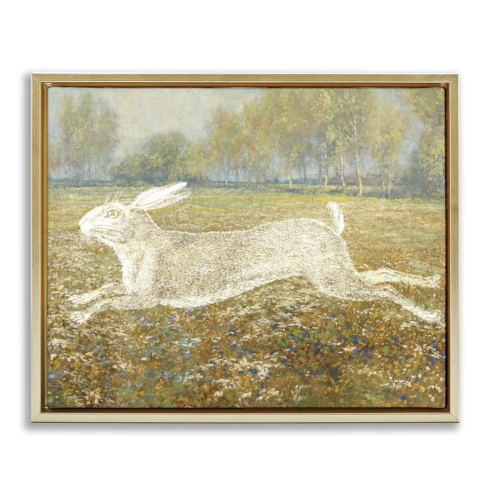 Stupell Industries Impressionist Jumping Hare Landscape & Nature Painting Gold Floater Framed Canvas Art Print Wall Art, 21 x 17