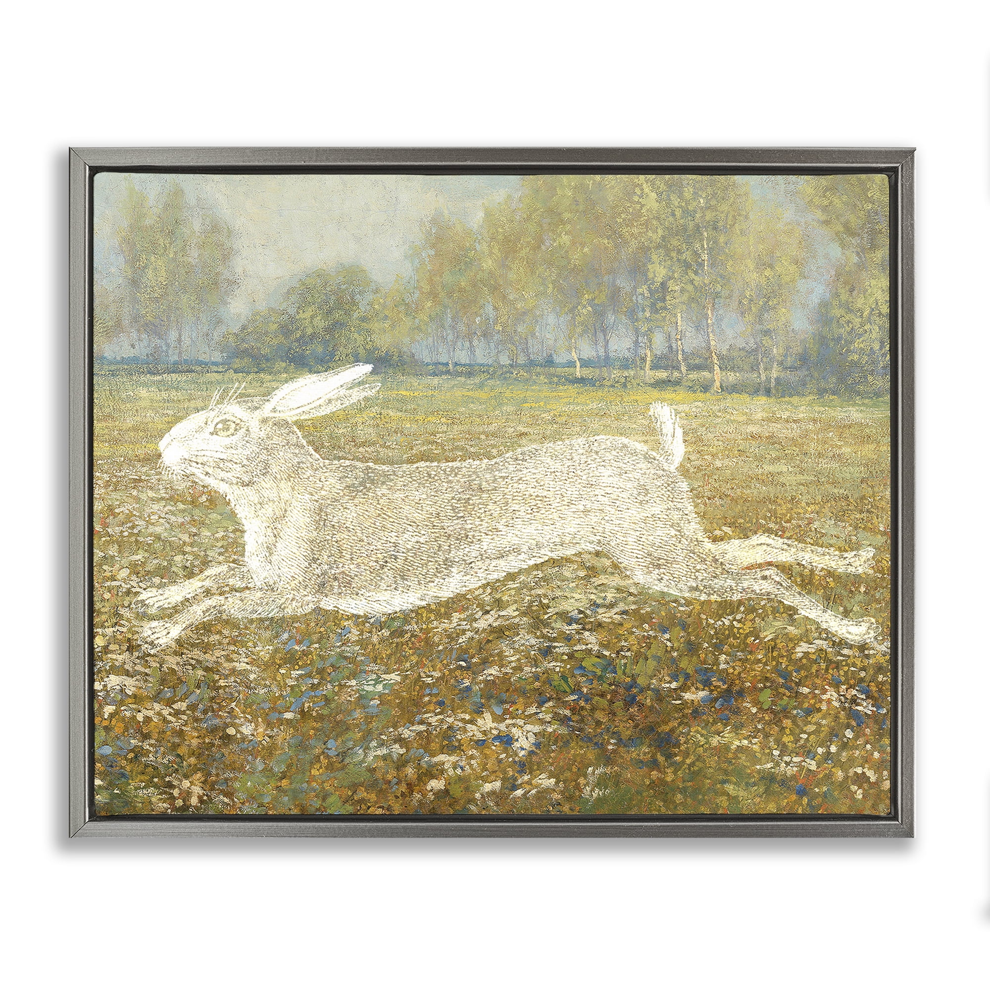 Stupell Industries Impressionist Jumping Hare Landscape & Nature Painting Gray Floater Framed Canvas Art Print Wall Art, 21 x 17