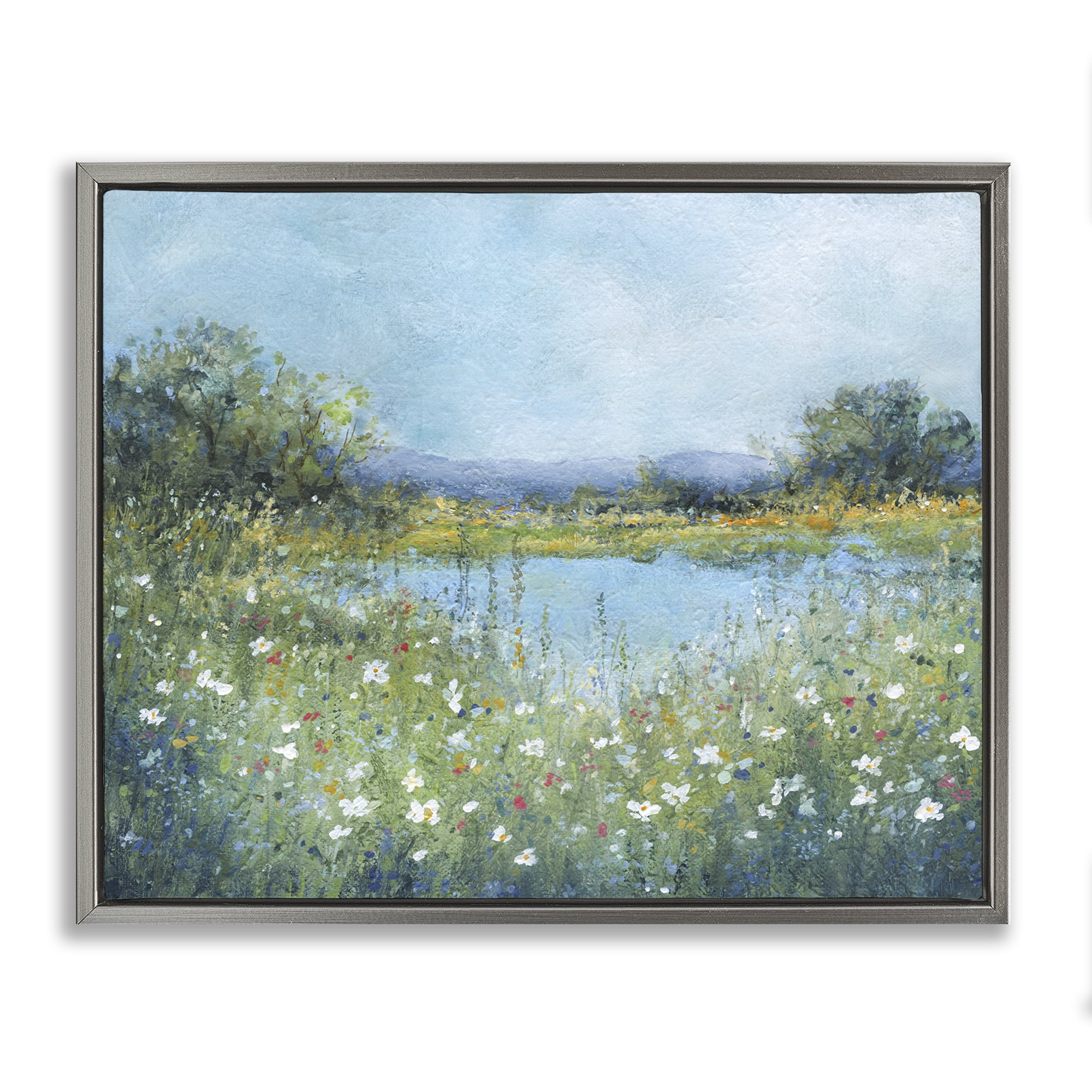 Stupell Industries Impressionist Meadow Surrounding Pond Gray Framed Floater Canvas Wall Art, design by Carol Robinson