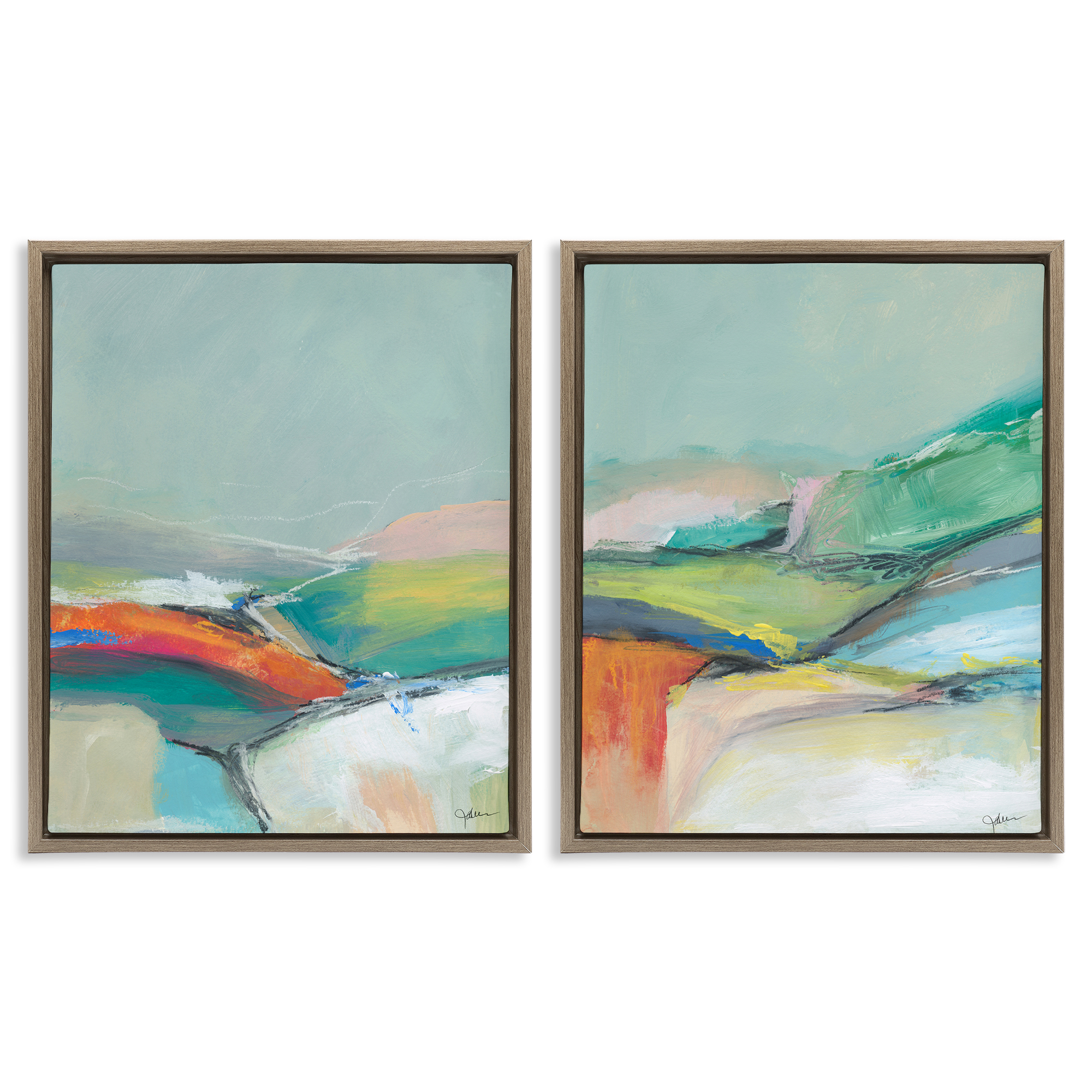 Stupell Industries Impressionist Pastel Landscape Abstract Painting Brown Floater Framed Canvas Art Print Wall Art, 31 x 25, Set of 2