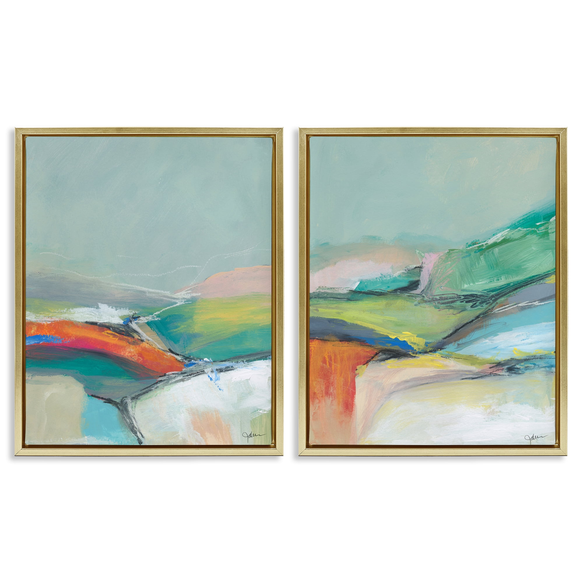 Stupell Industries Impressionist Pastel Landscape Abstract Painting Gold Floater Framed Canvas Art Print Wall Art, 17 x 21, Set of 2