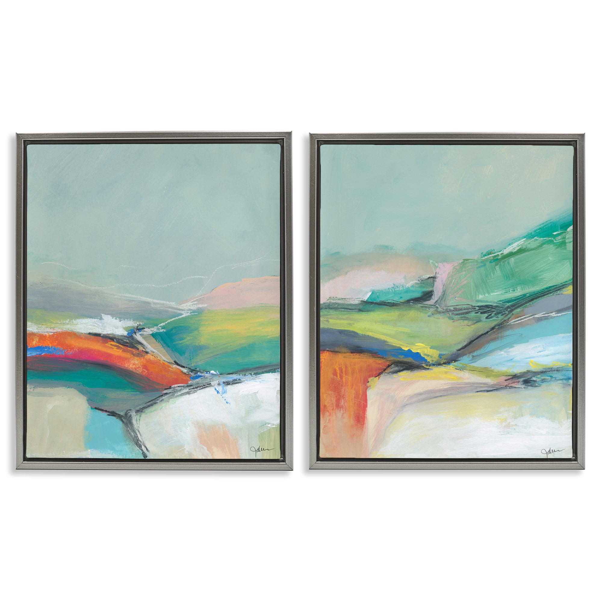 Stupell Industries Impressionist Pastel Landscape Abstract Painting Gray Floater Framed Canvas Art Print Wall Art, 17 x 21, Set of 2