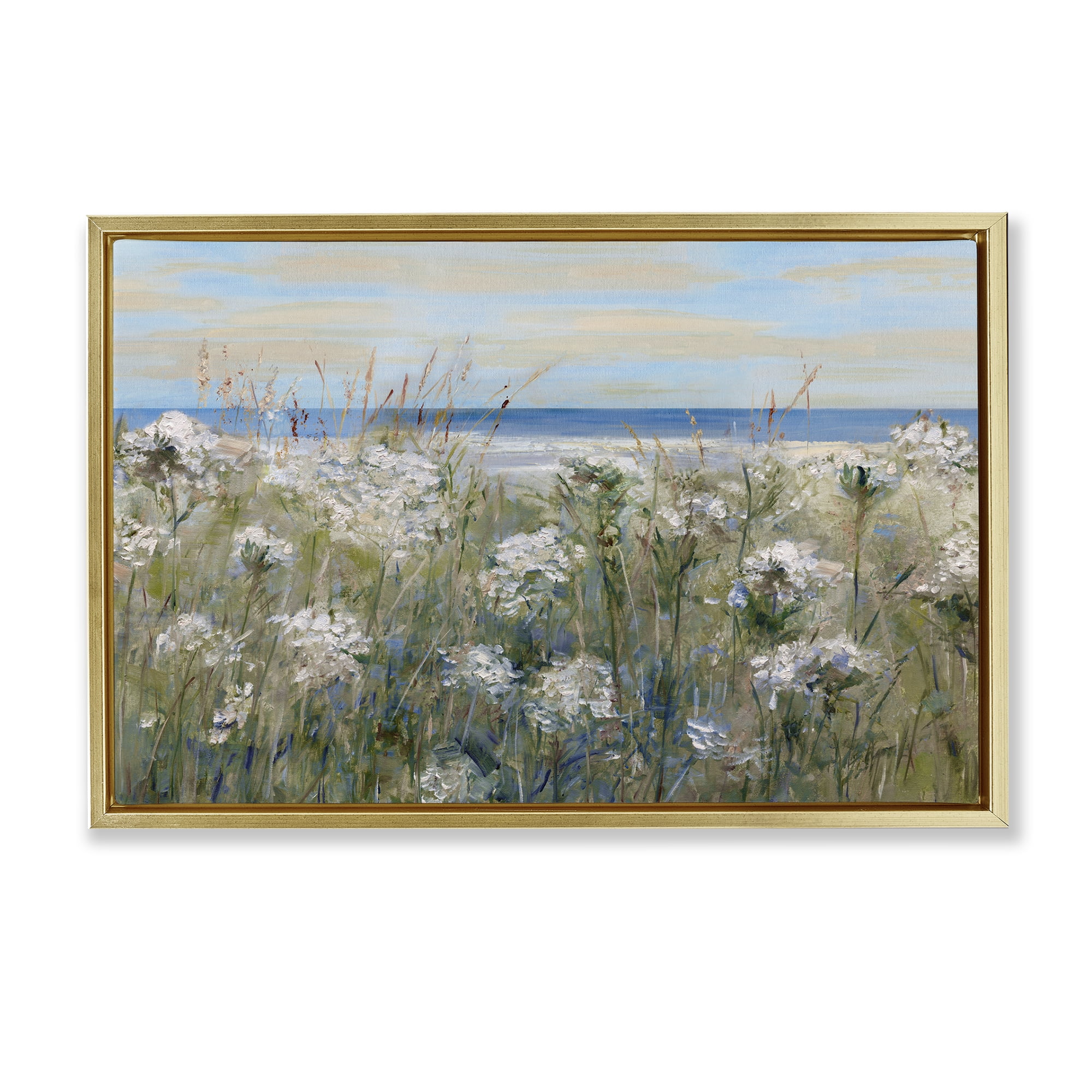 Stupell Industries Impressionist Seaside Meadow Gold Framed Floater Canvas Wall Art, design by Sally Swatland