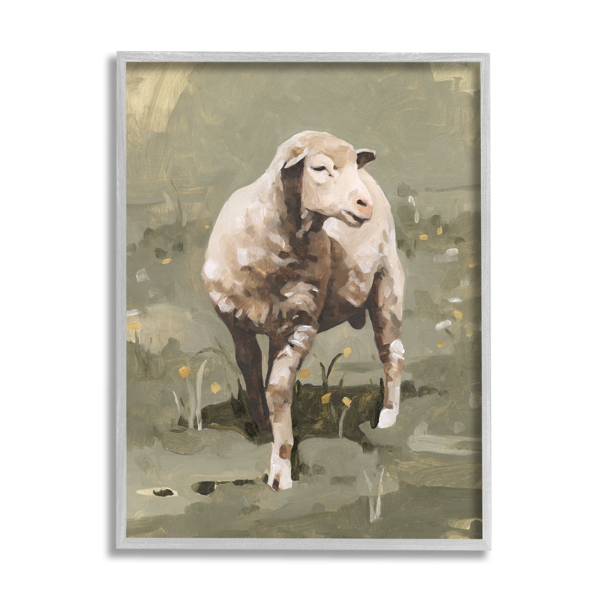 Impressionistic Spring Sheep Grazing Canvas Print with Gray Frame