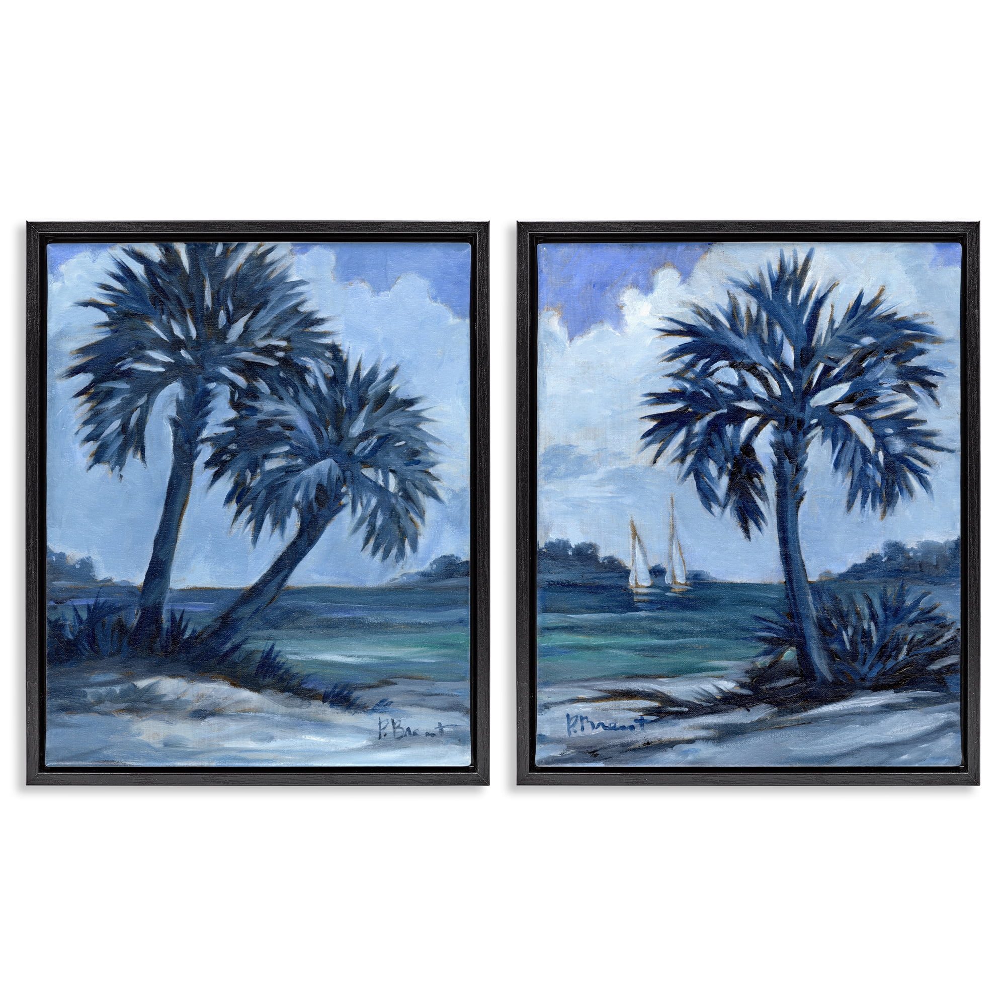 Stupell Industries Impressions of Indigo Palms Nautical & Beach Painting Black Floater Framed Canvas Art Print Wall Art, 31 x 25, Set of 2
