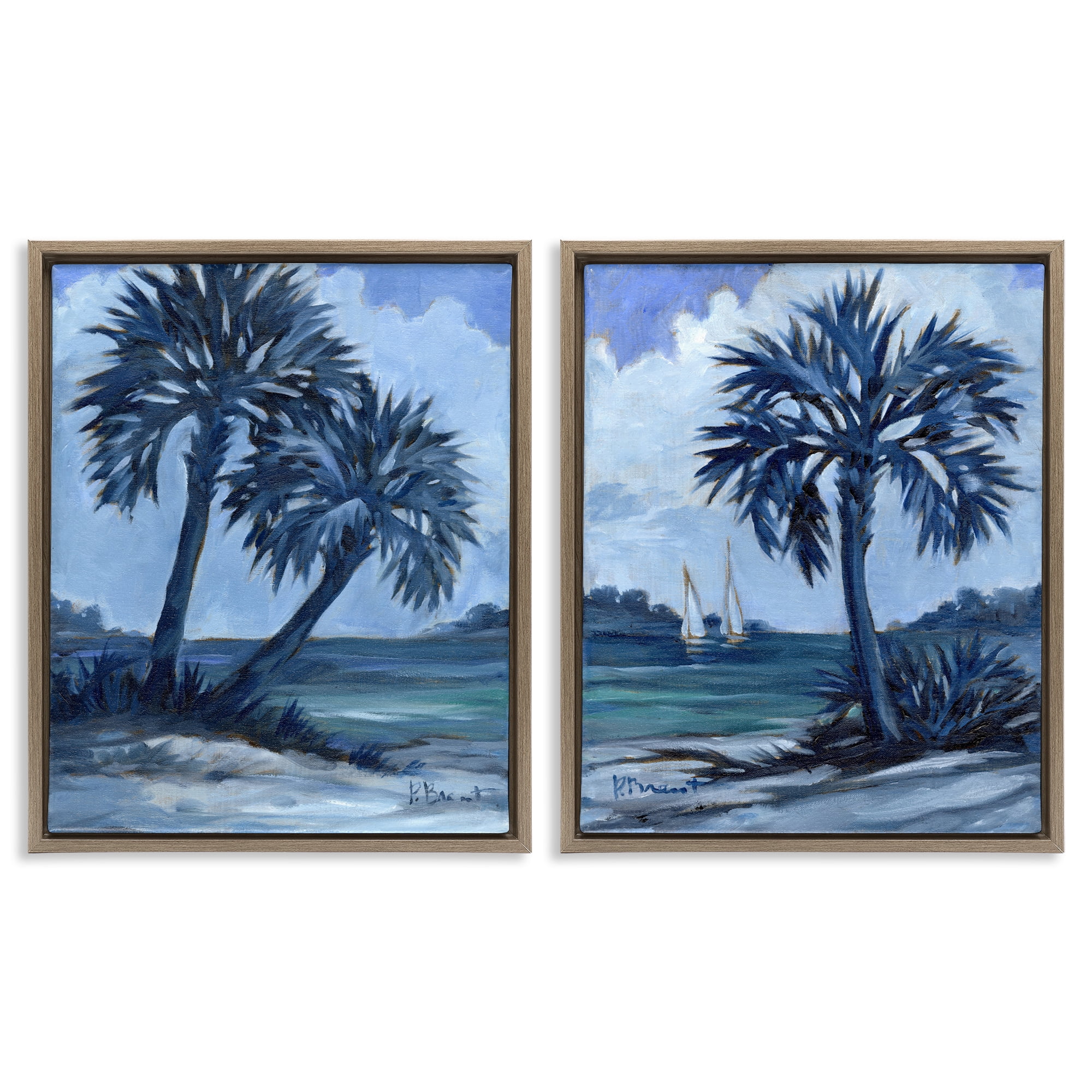 Stupell Industries Impressions of Indigo Palms Nautical & Beach Painting Brown Floater Framed Canvas Art Print Wall Art, 17 x 21, Set of 2