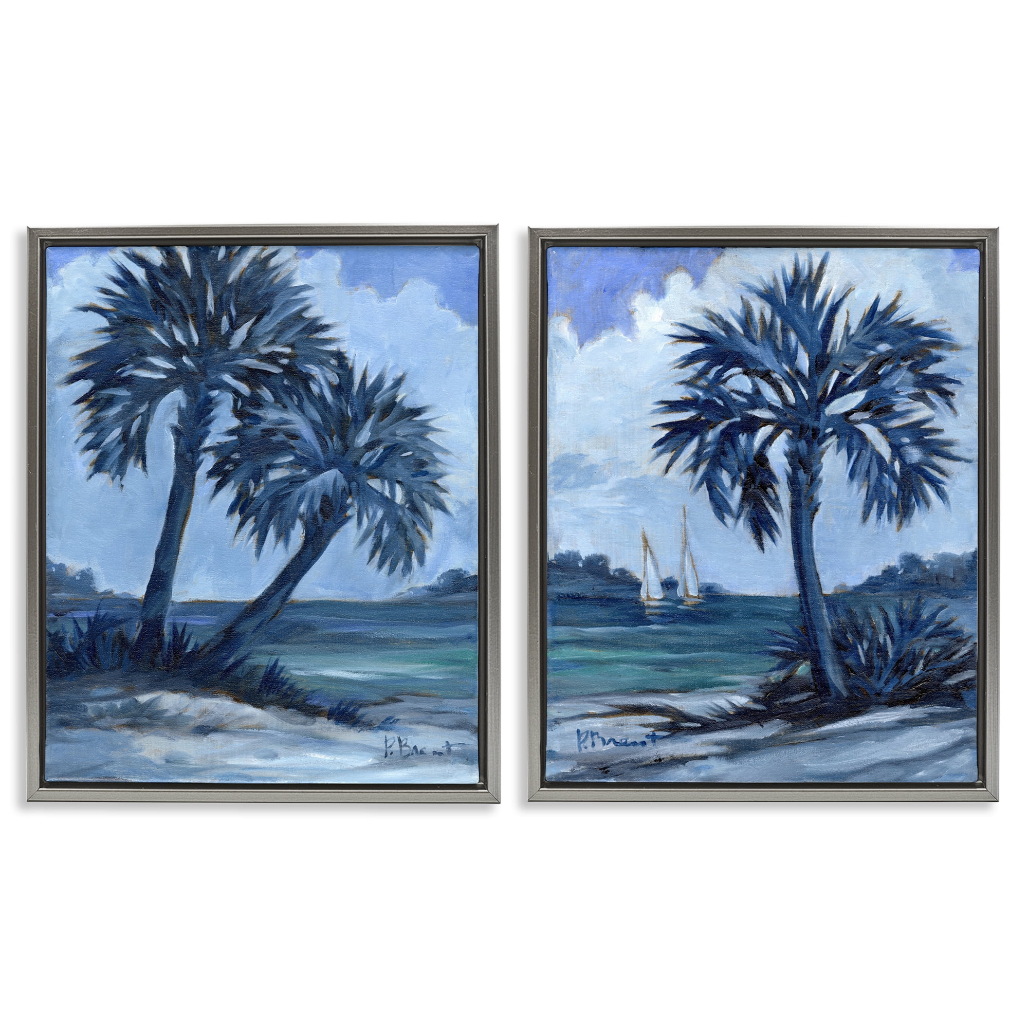 Stupell Industries Impressions of Indigo Palms Nautical & Beach Painting Gray Floater Framed Canvas Art Print Wall Art, 31 x 25, Set of 2
