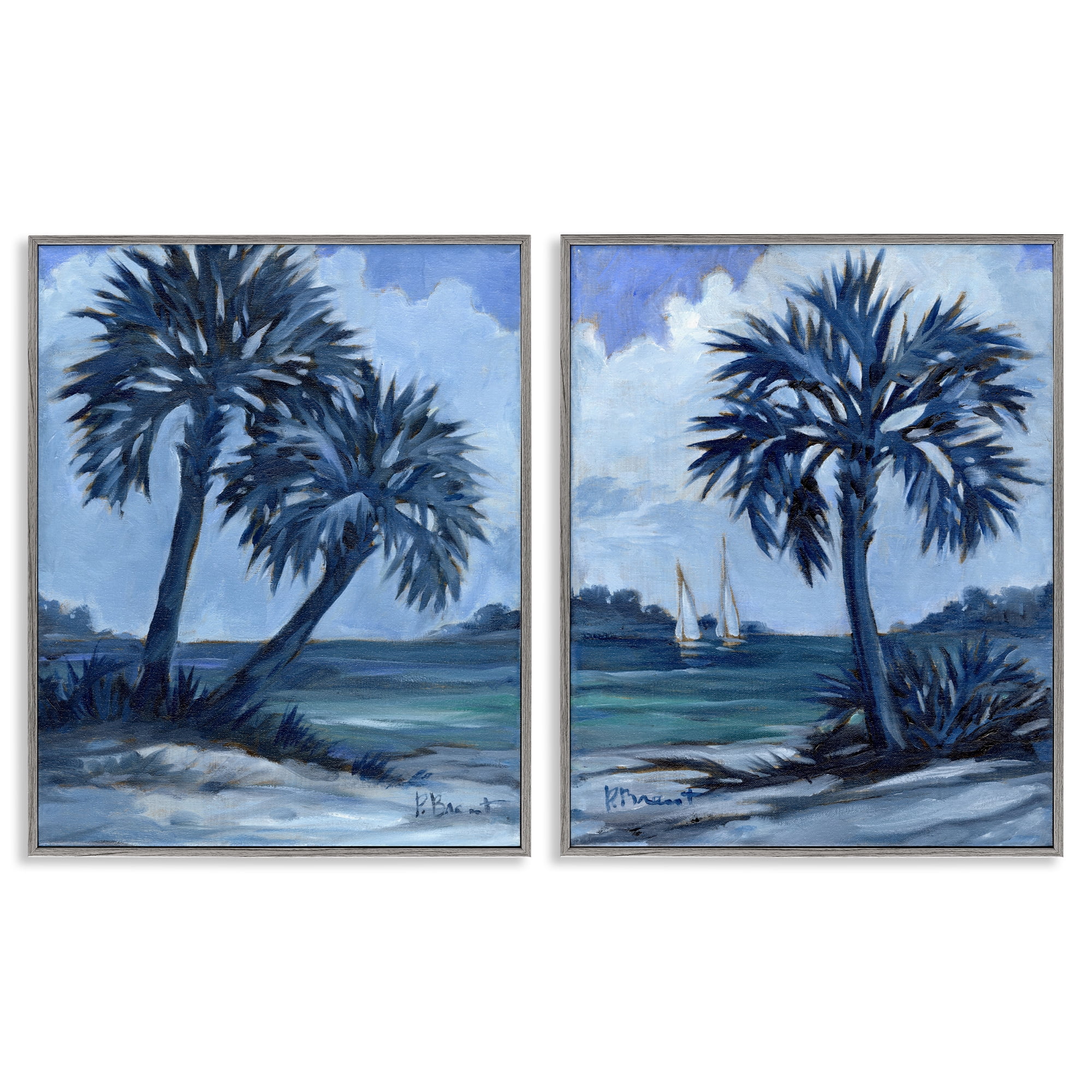 Stupell Industries Impressions of Indigo Palms Nautical & Beach Painting Gray Framed Art Print Wall Art, 11 x 14, Set of 2
