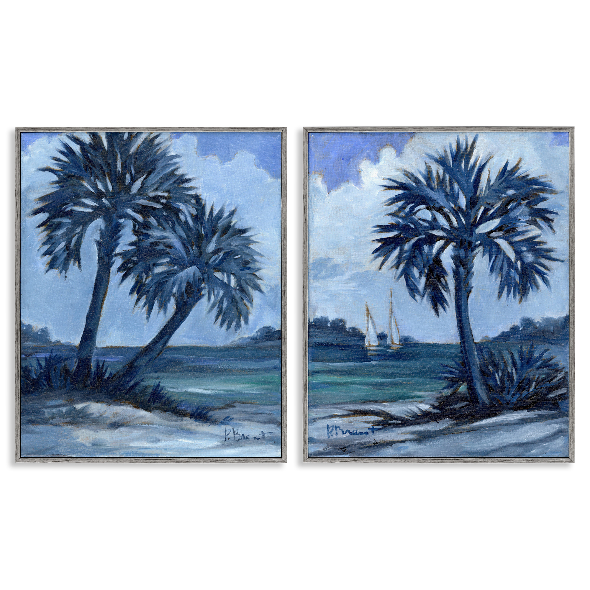 Stupell Industries Impressions of Indigo Palms Nautical & Beach Painting Gray Framed Art Print Wall Art, 16 x 20, Set of 2