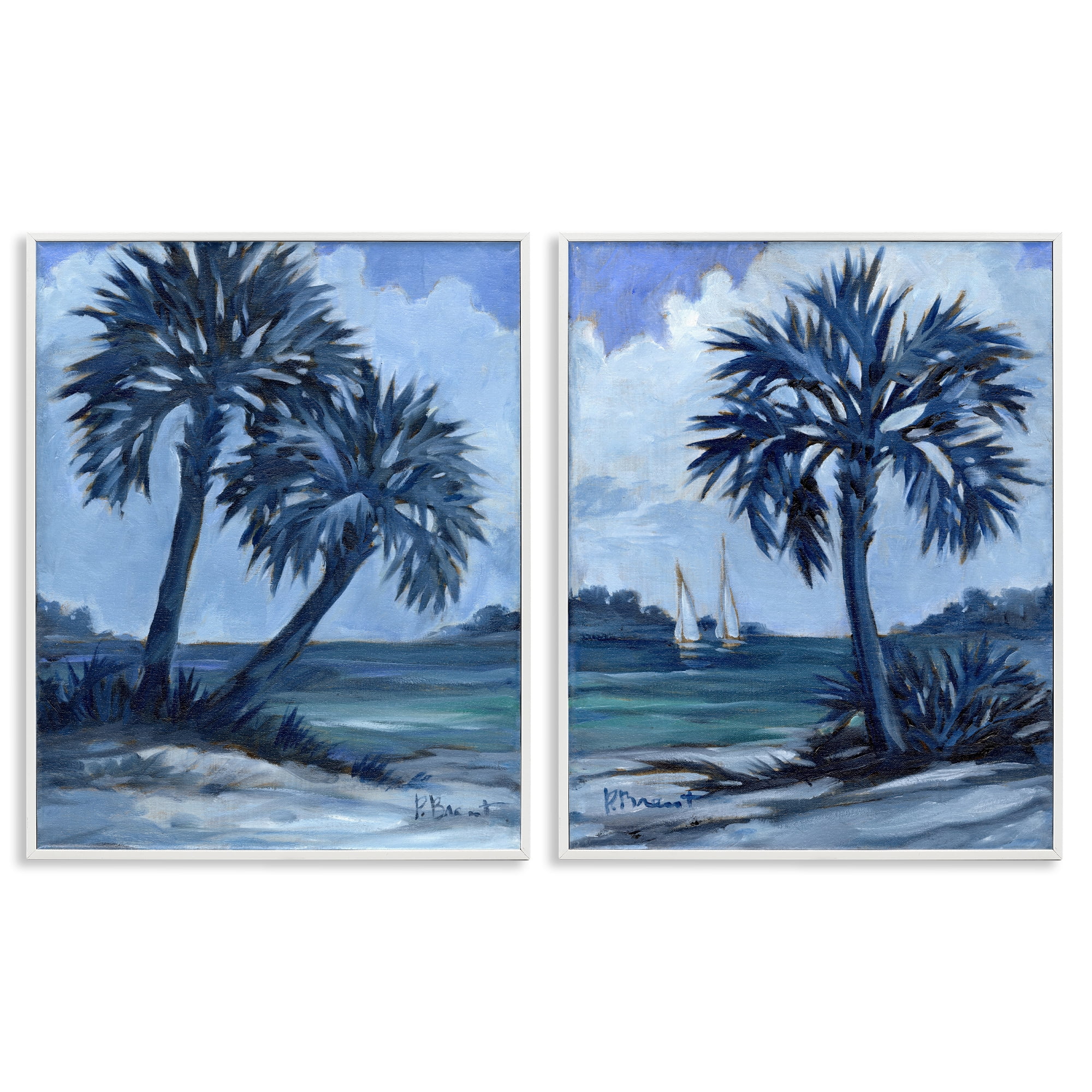 Stupell Industries Impressions of Indigo Palms Nautical & Beach Painting White Framed Art Print Wall Art, 11 x 14, Set of 2