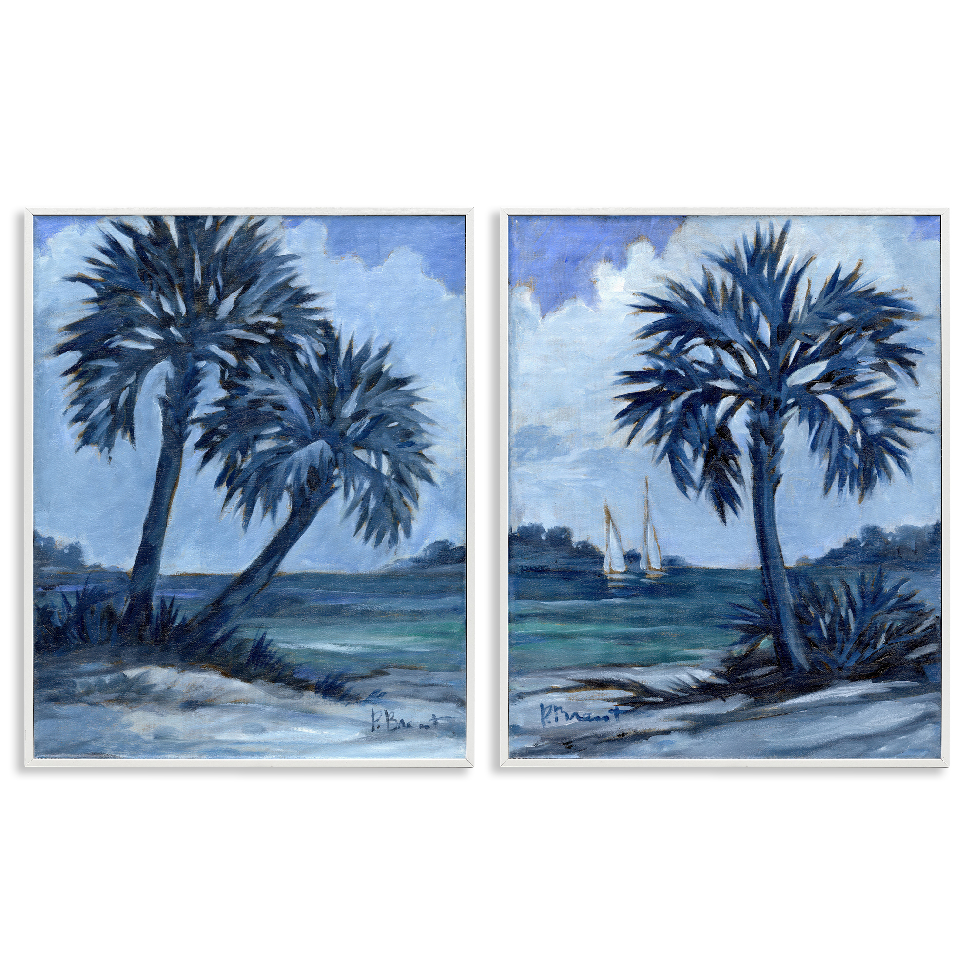 Stupell Industries Impressions of Indigo Palms Nautical & Beach Painting White Framed Art Print Wall Art, 16 x 20, Set of 2