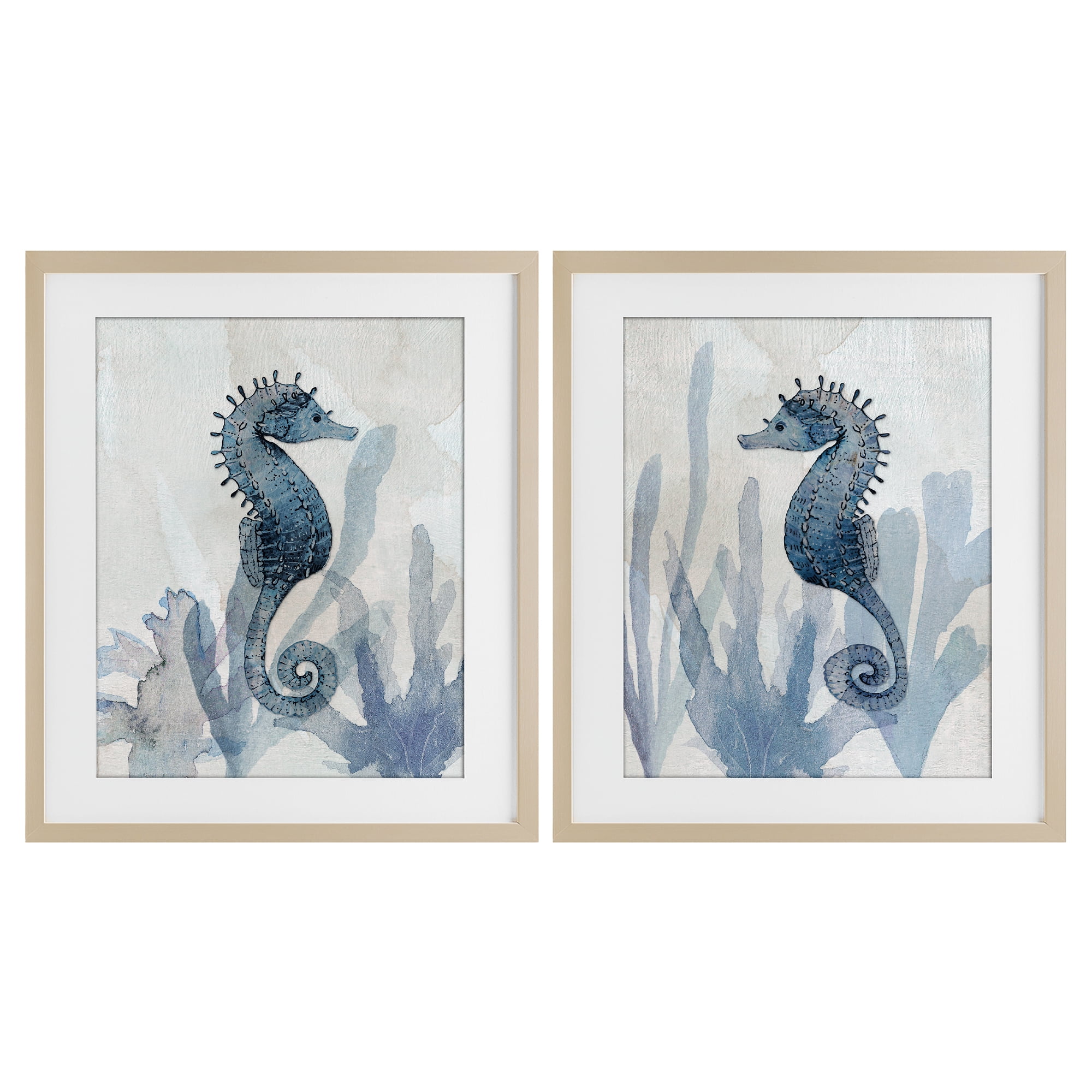 Stupell Industries Impressions of Seahorses 2 Piece Birch Framed Print Under Glass Set, design by Susan Jill