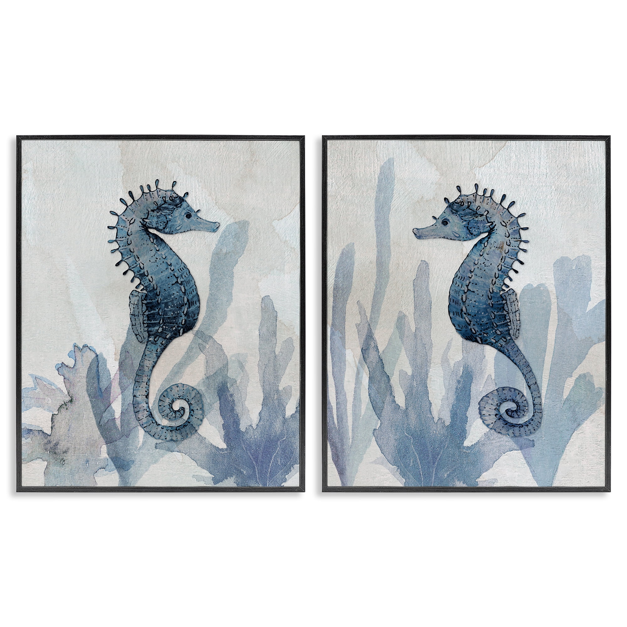 Stupell Industries Impressions of Seahorses 2 Piece Black Framed Giclee Art Set, design by Susan Jill