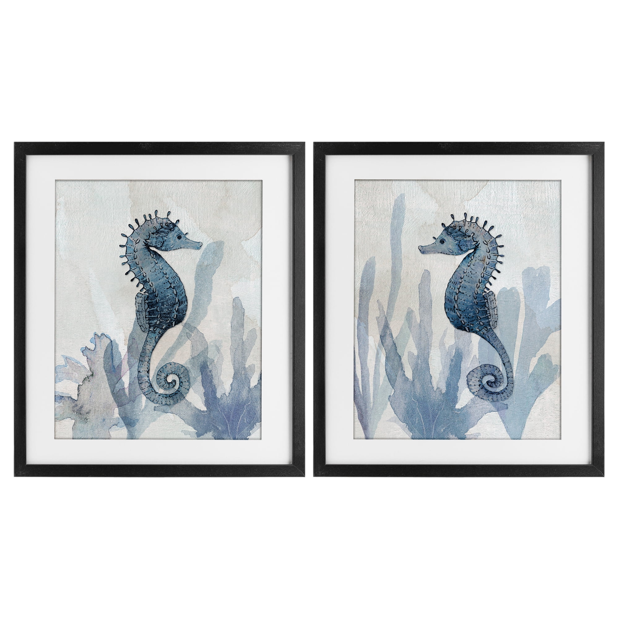 Stupell Industries Impressions of Seahorses 2 Piece Black Framed Print Under Glass Set, design by Susan Jill