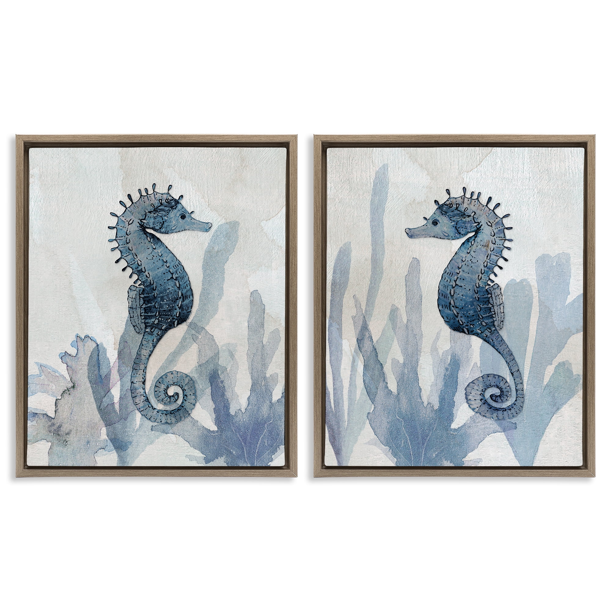 Stupell Industries Impressions of Seahorses 2 Piece Brown Framed Floater Canvas Set, design by Susan Jill