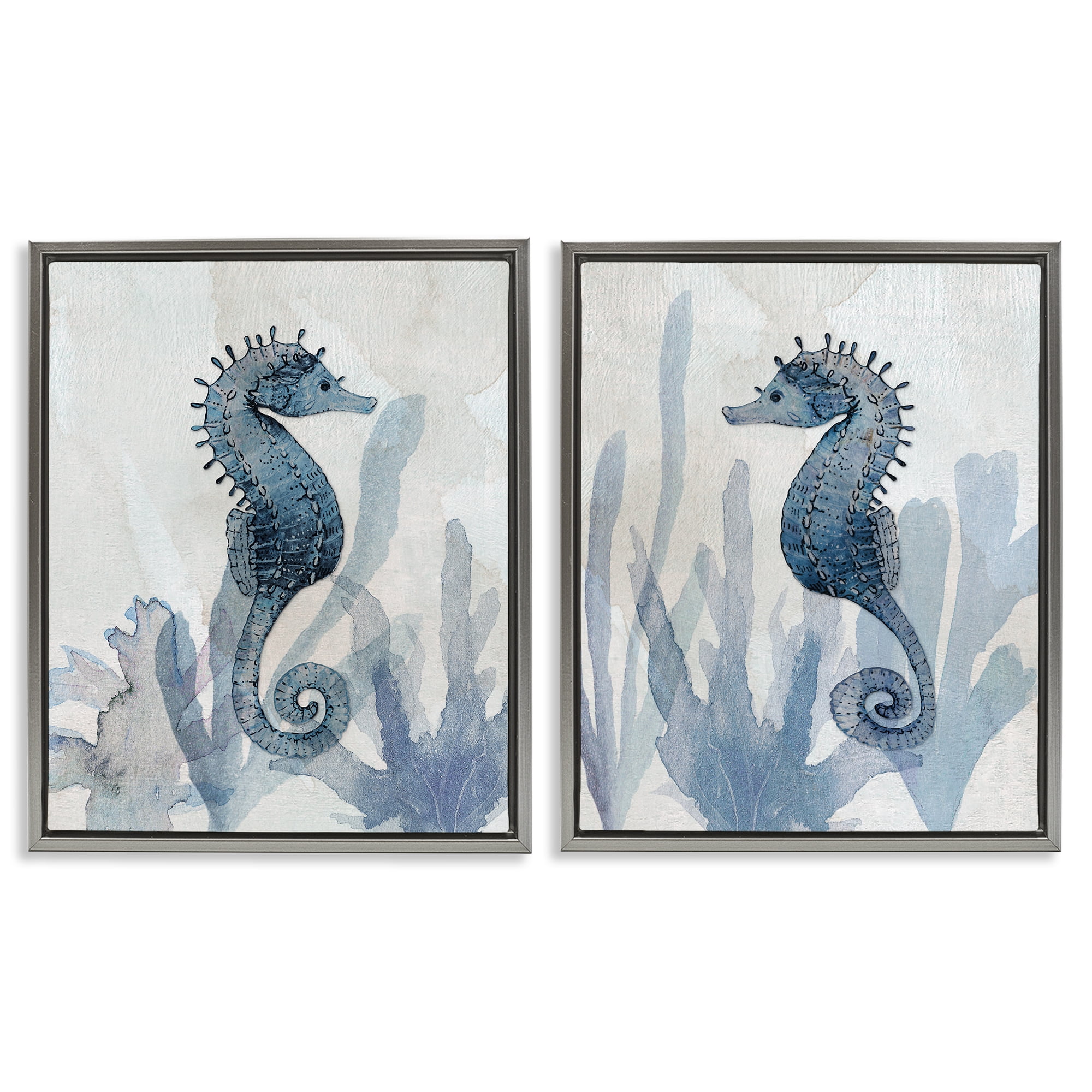 Stupell Industries Impressions of Seahorses 2 Piece Gray Framed Floater Canvas Set, design by Susan Jill