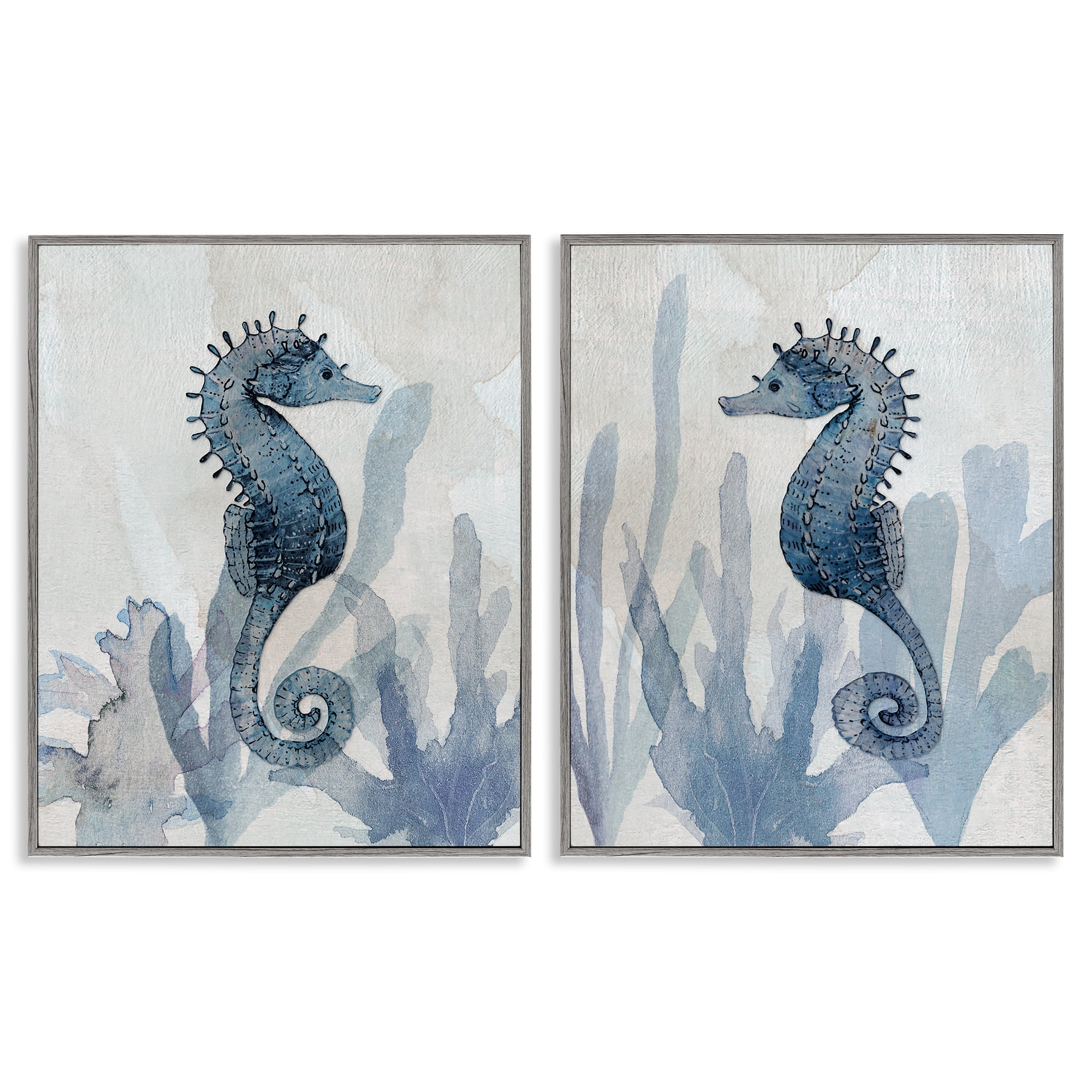 Stupell Industries Impressions of Seahorses 2 Piece Gray Framed Giclee Art Set, design by Susan Jill
