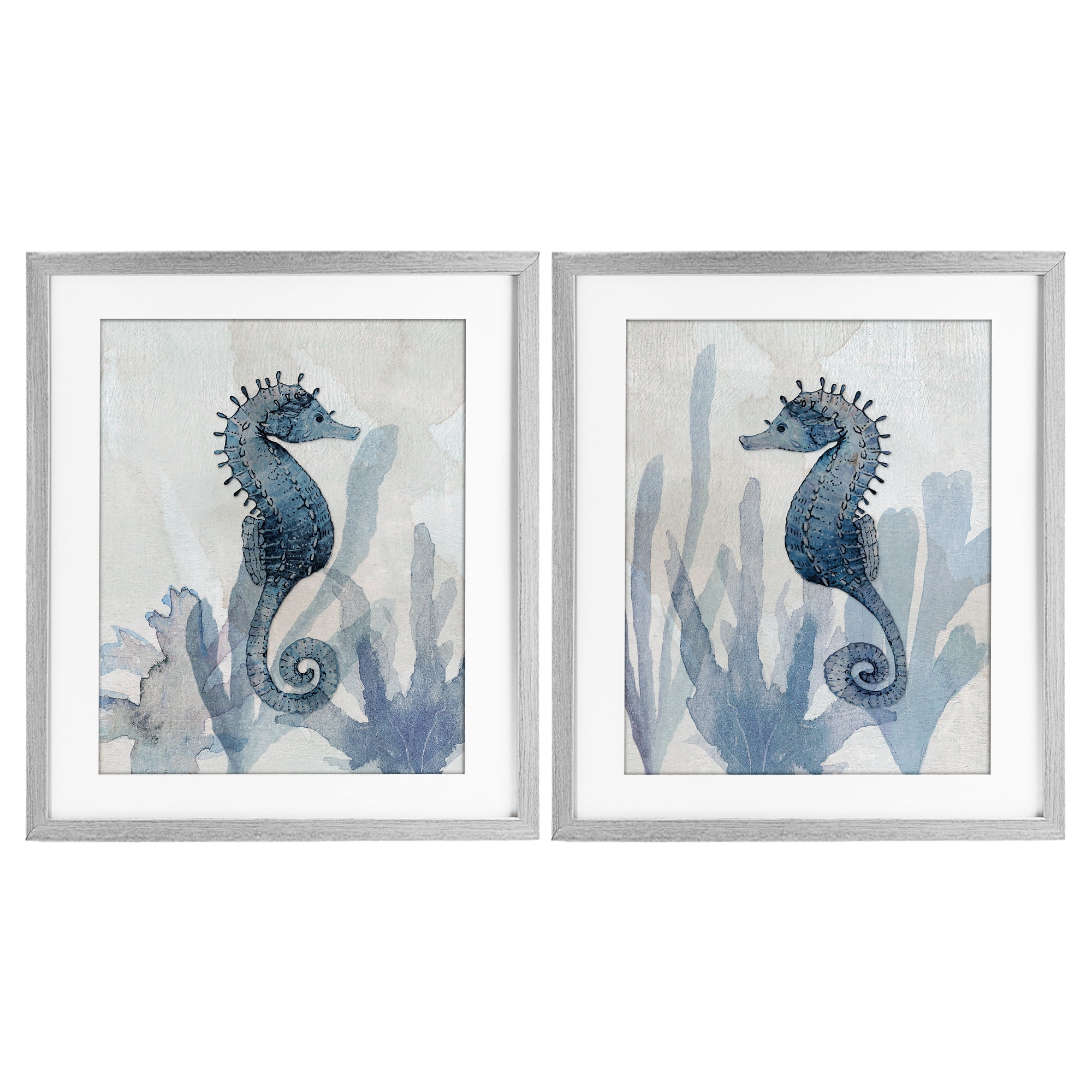 Stupell Industries Impressions of Seahorses 2 Piece Gray Framed Print Under Glass Set, design by Susan Jill