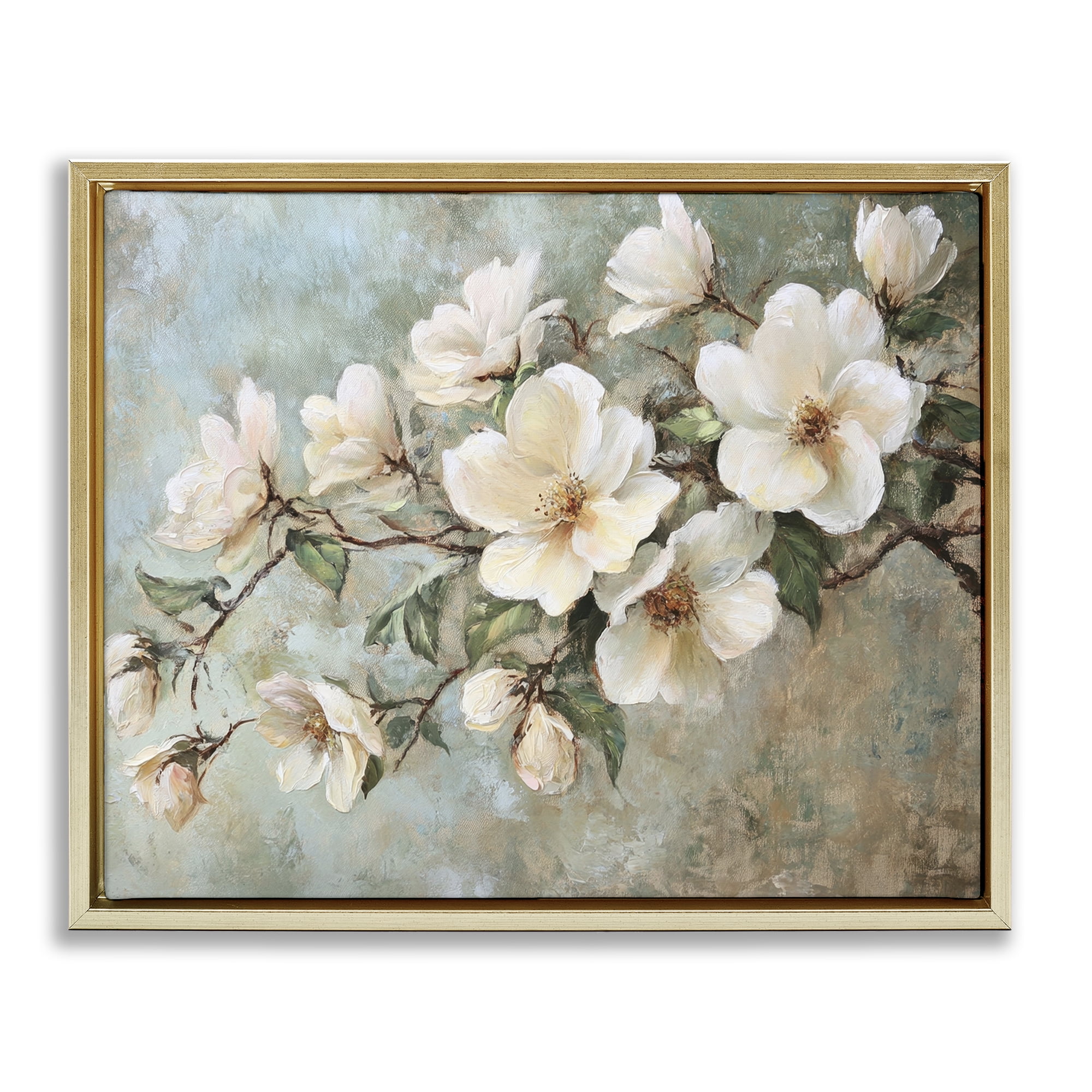 Stupell Industries In Bloom Flower Branch Plants & Flowers Painting Gold Floater Framed Canvas Art Print Wall Art, 21 x 17