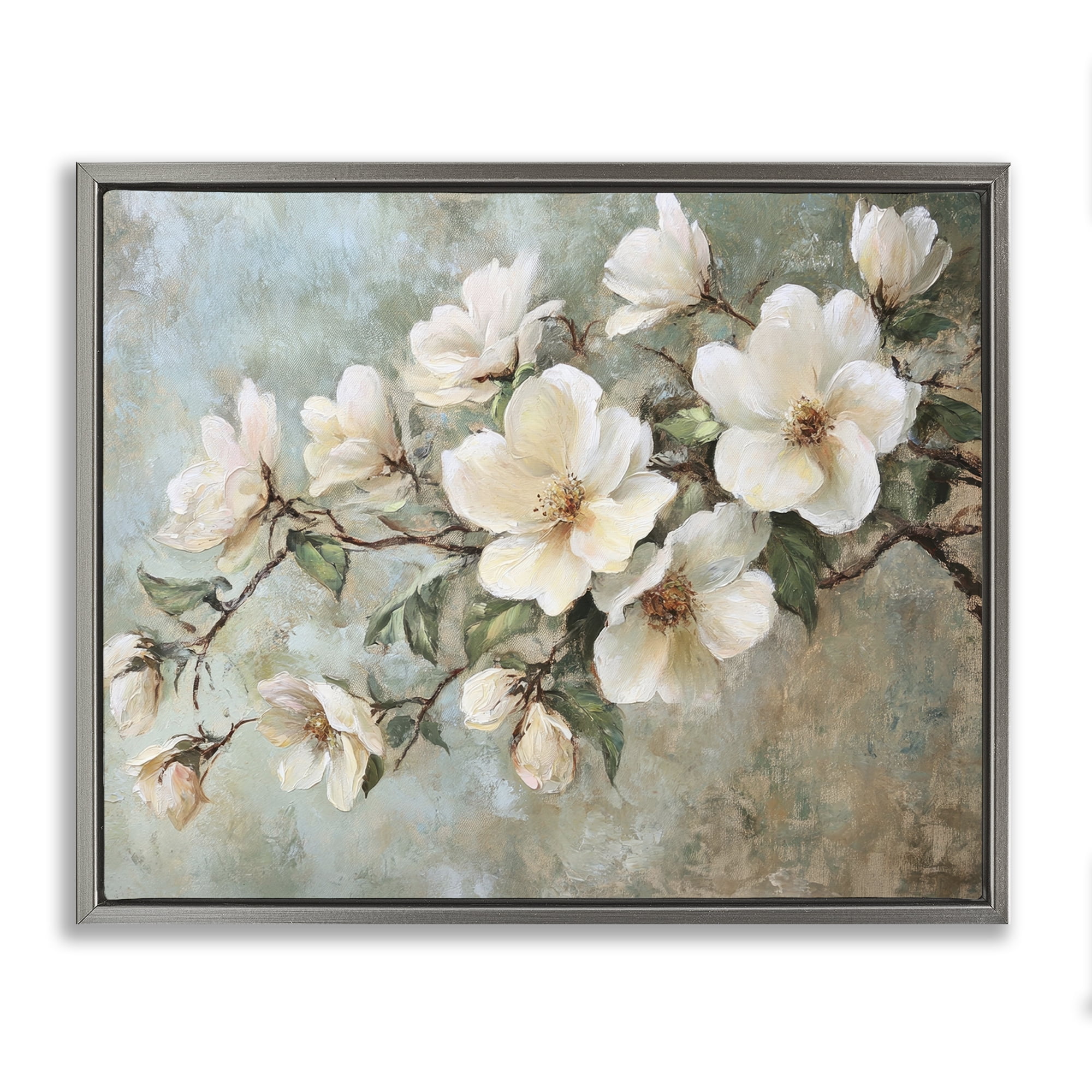 Stupell Industries In Bloom Flower Branch Plants & Flowers Painting Gray Floater Framed Canvas Art Print Wall Art, 21 x 17